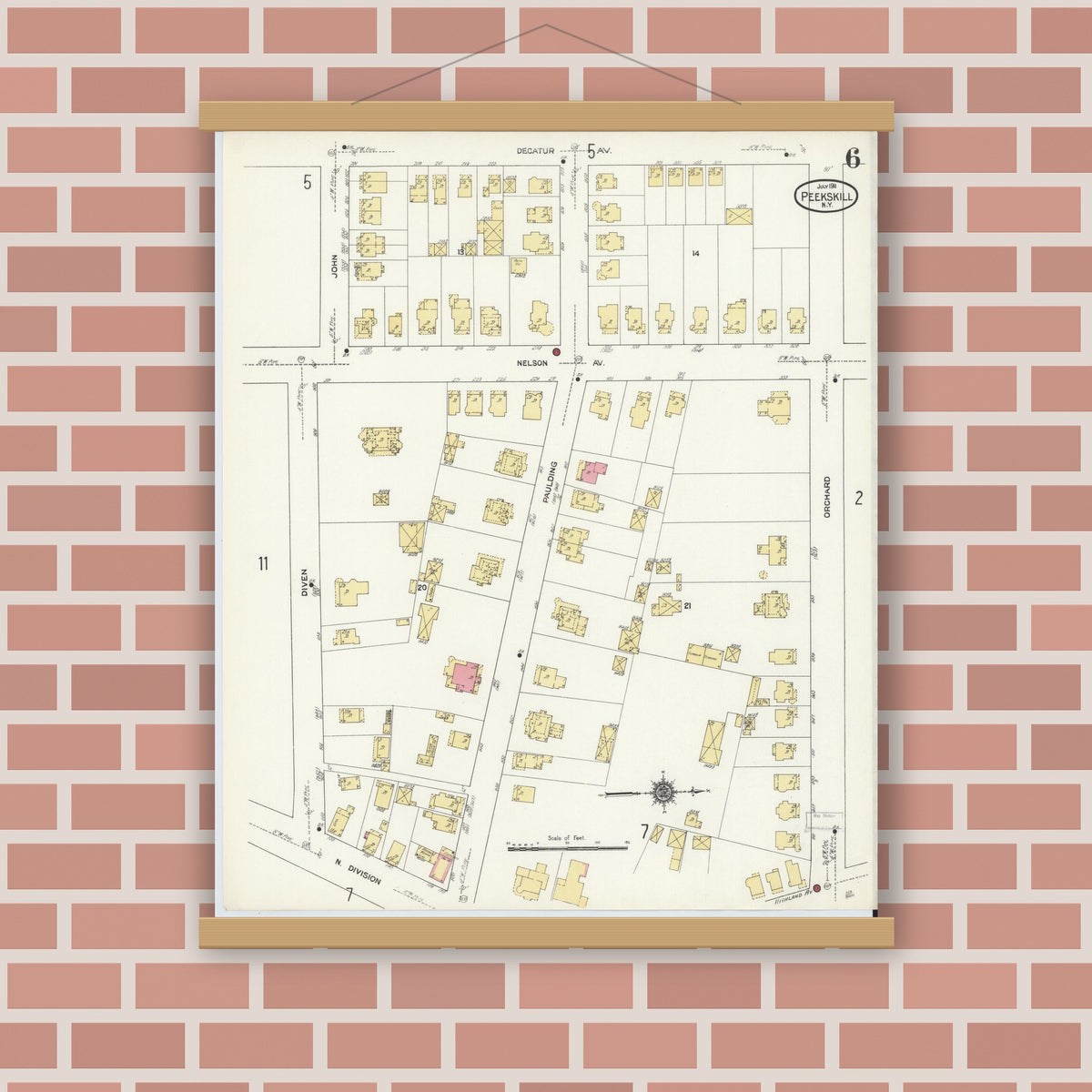 Old map wall art mockup — magnetic wood frame on brick wall — Sanborn Fire Insurance Map from Peekskill, Westchester County, New York (1911), Sheet #0006