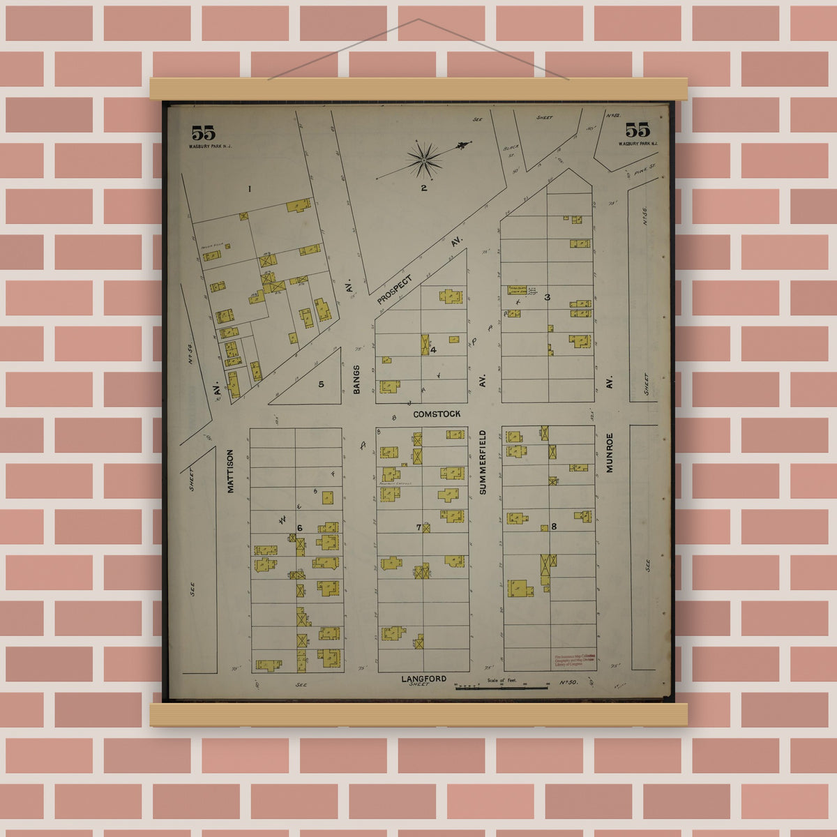 Old map wall art mockup — magnetic wood frame on brick wall — Sanborn Fire Insurance Map from New Jersey Coast, New Jersey Coast, New Jersey (1890), Sheet #0055