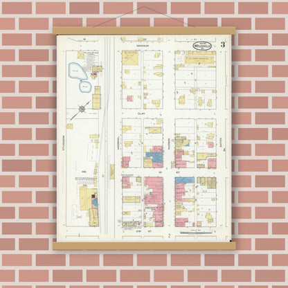 Old map wall art mockup — magnetic wood frame on brick wall — Sanborn Fire Insurance Map from Wellsville, Montgomery County, Missouri (1917), Sheet #0003
