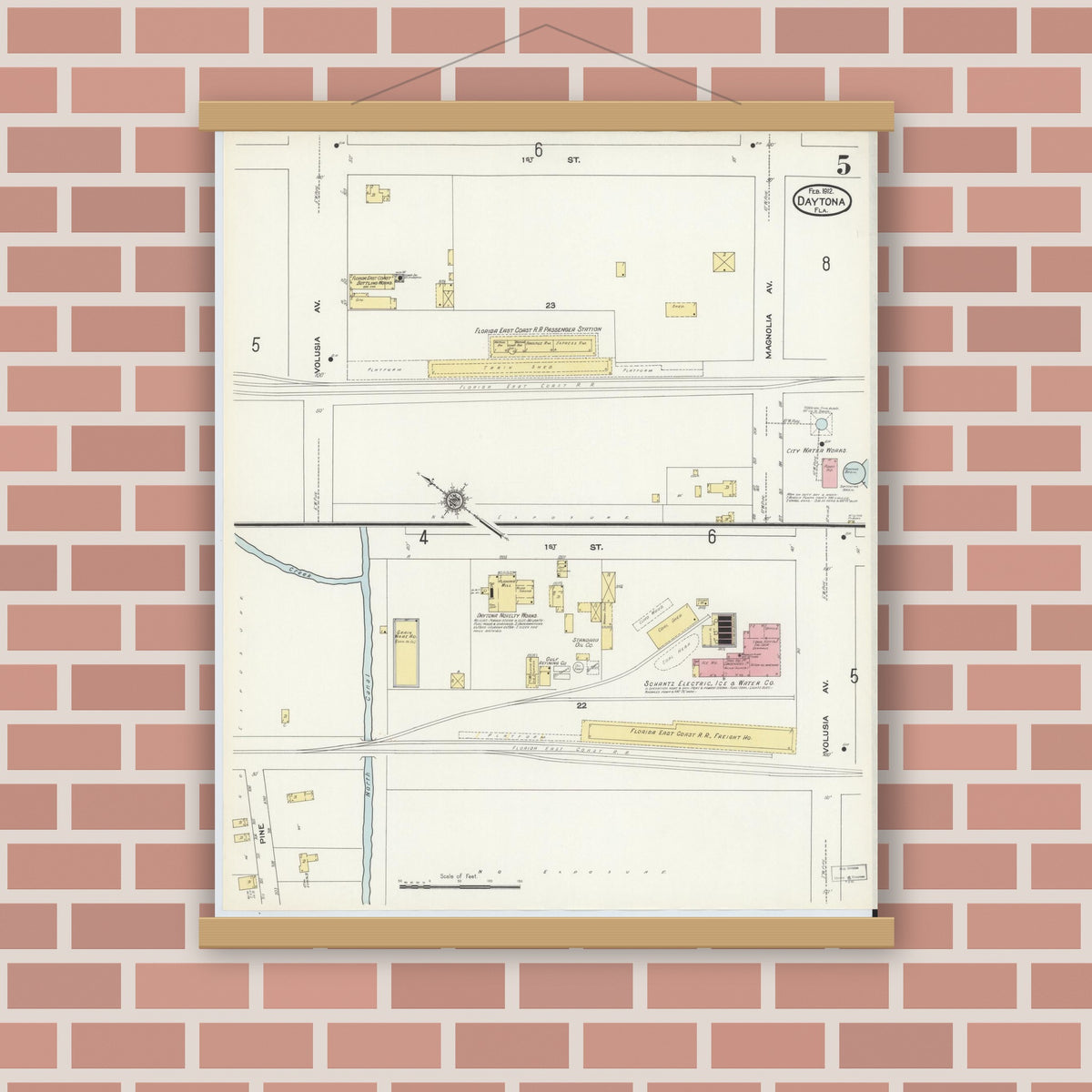 Old map wall art mockup — magnetic wood frame on brick wall — Sanborn Fire Insurance Map from Daytona, Volusia County, Florida (1912), Sheet #0005