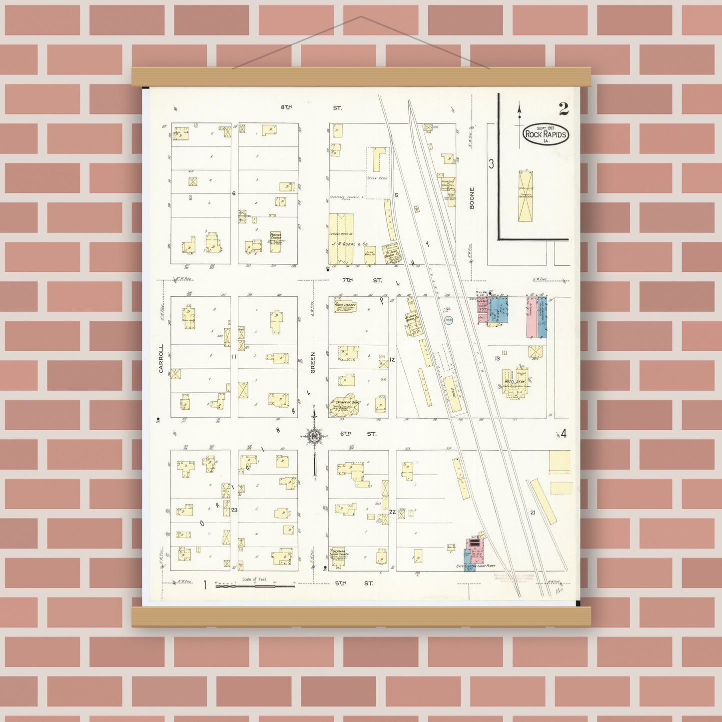 Old map wall art mockup — magnetic wood frame on brick wall — Sanborn Fire Insurance Map from Rock Rapids, Lyon County, Iowa (1913), Sheet #0002