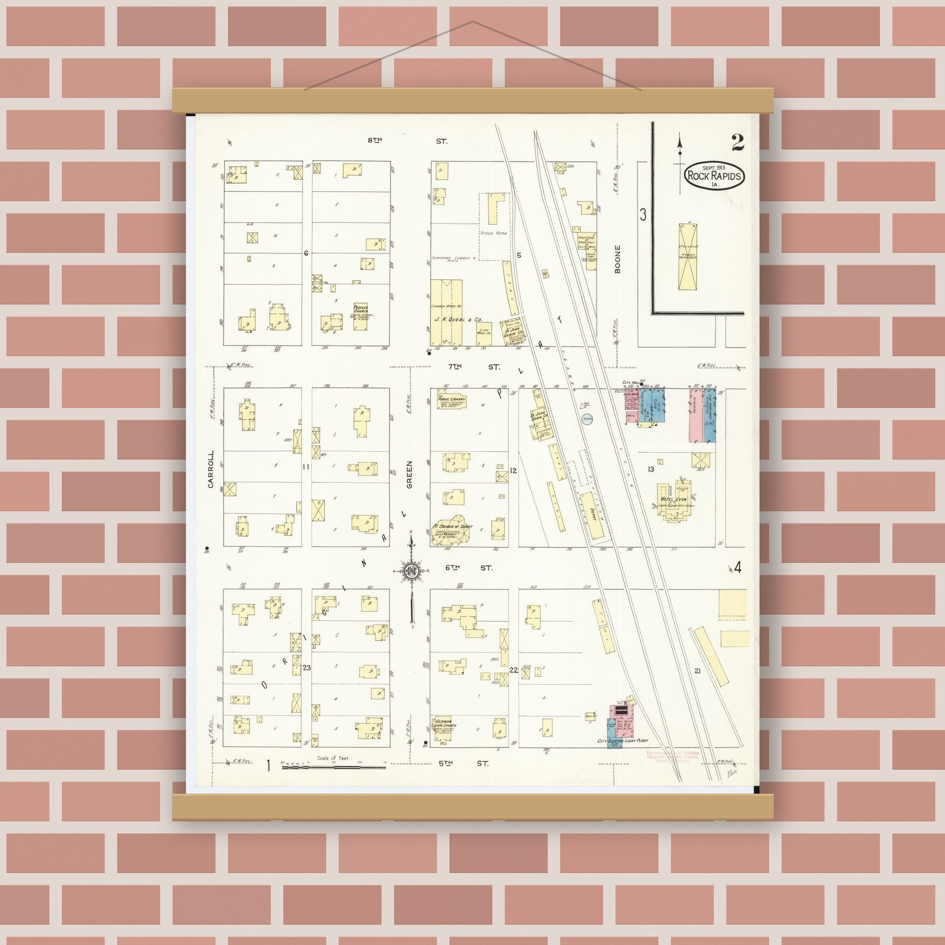 Old map wall art mockup — magnetic wood frame on brick wall — Sanborn Fire Insurance Map from Rock Rapids, Lyon County, Iowa (1913), Sheet #0002