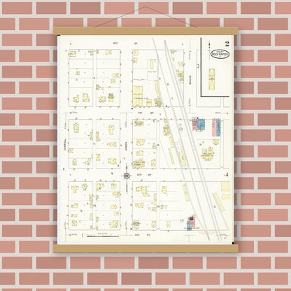 Old map wall art mockup — magnetic wood frame on brick wall — Sanborn Fire Insurance Map from Rock Rapids, Lyon County, Iowa (1913), Sheet #0002
