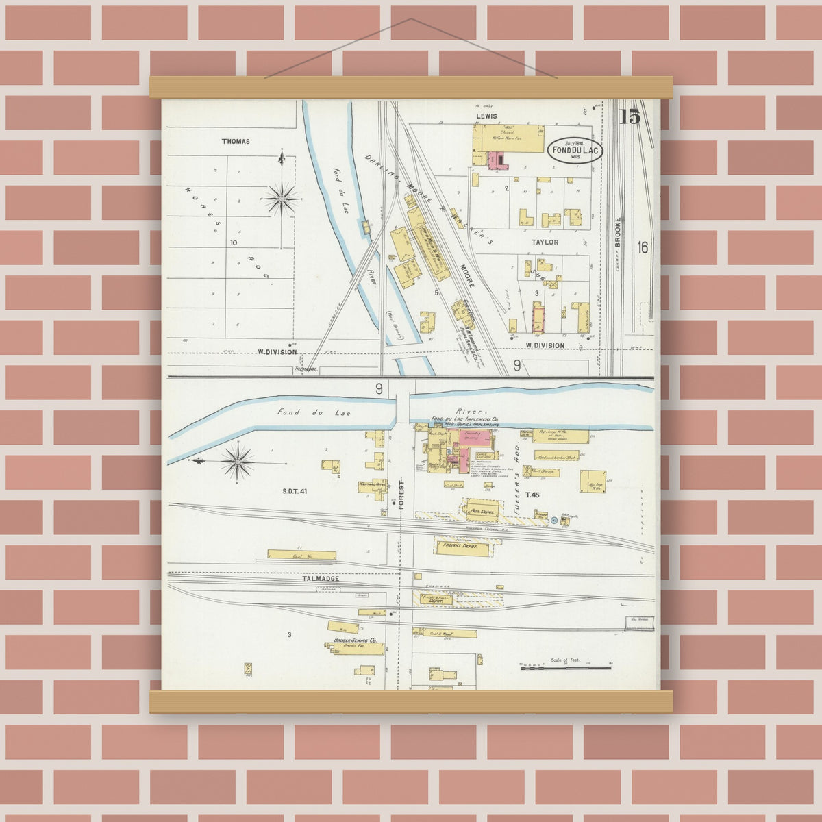 Old map wall art mockup — magnetic wood frame on brick wall — Sanborn Fire Insurance Map from Fond du Lac, Fond du Lac County, Wisconsin (1898), Sheet #0015