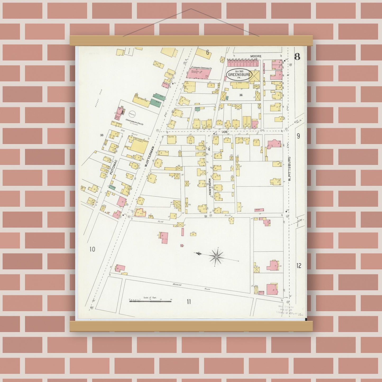 Old map wall art mockup — magnetic wood frame on brick wall — Sanborn Fire Insurance Map from Greensburg, Westmoreland County, Pennsylvania (1903), Sheet #0008