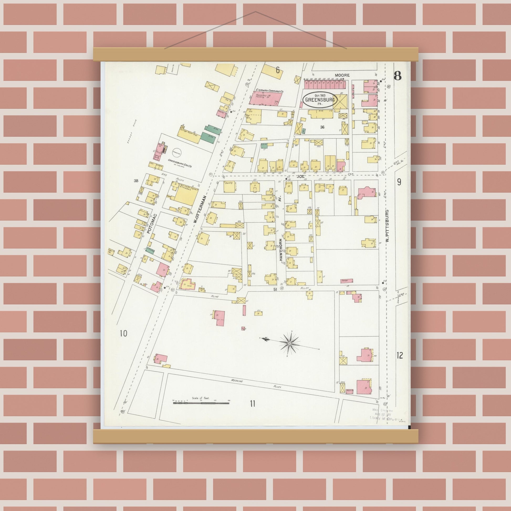 Old map wall art mockup — magnetic wood frame on brick wall — Sanborn Fire Insurance Map from Greensburg, Westmoreland County, Pennsylvania (1903), Sheet #0008