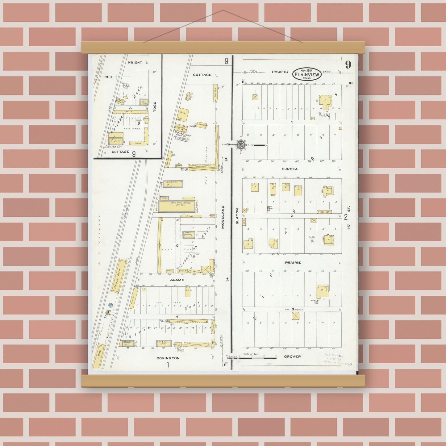 Old map wall art mockup — magnetic wood frame on brick wall — Sanborn Fire Insurance Map from Plainview, Hale County, Texas (1910), Sheet #0009