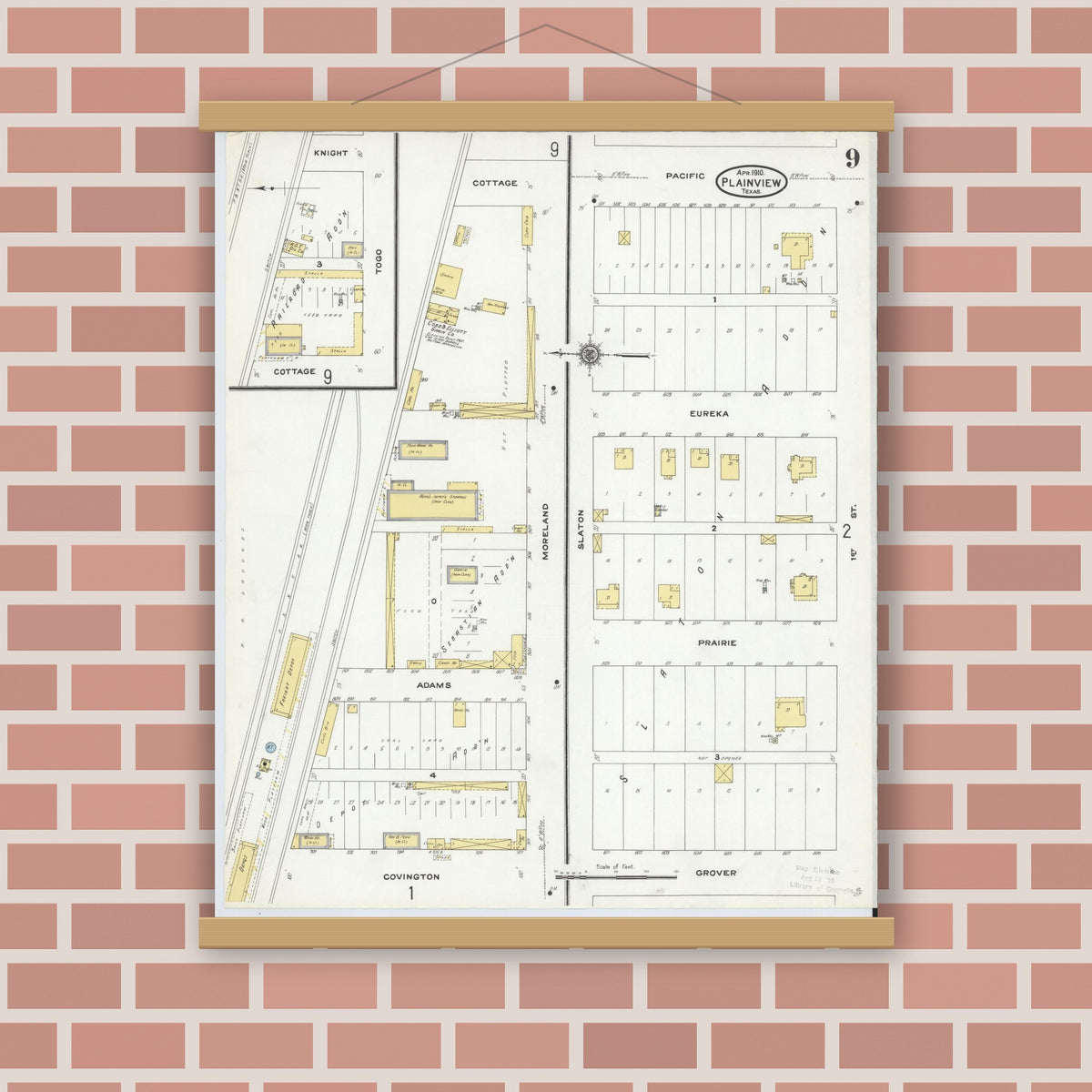 Old map wall art mockup — magnetic wood frame on brick wall — Sanborn Fire Insurance Map from Plainview, Hale County, Texas (1910), Sheet #0009