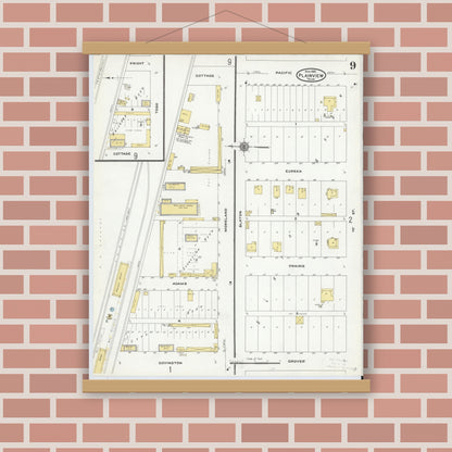 Old map wall art mockup — magnetic wood frame on brick wall — Sanborn Fire Insurance Map from Plainview, Hale County, Texas (1910), Sheet #0009
