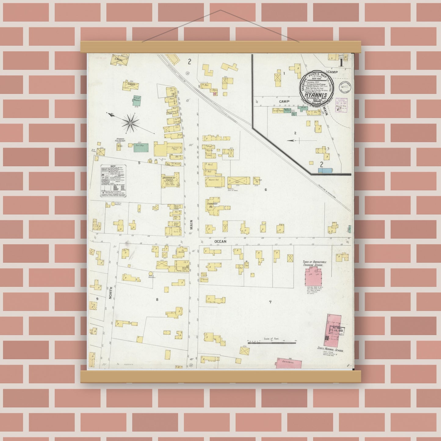 Old map wall art mockup — magnetic wood frame on brick wall — Sanborn Fire Insurance Map from Hyannis, Barnstable County, Massachusetts (1901), Sheet #0001