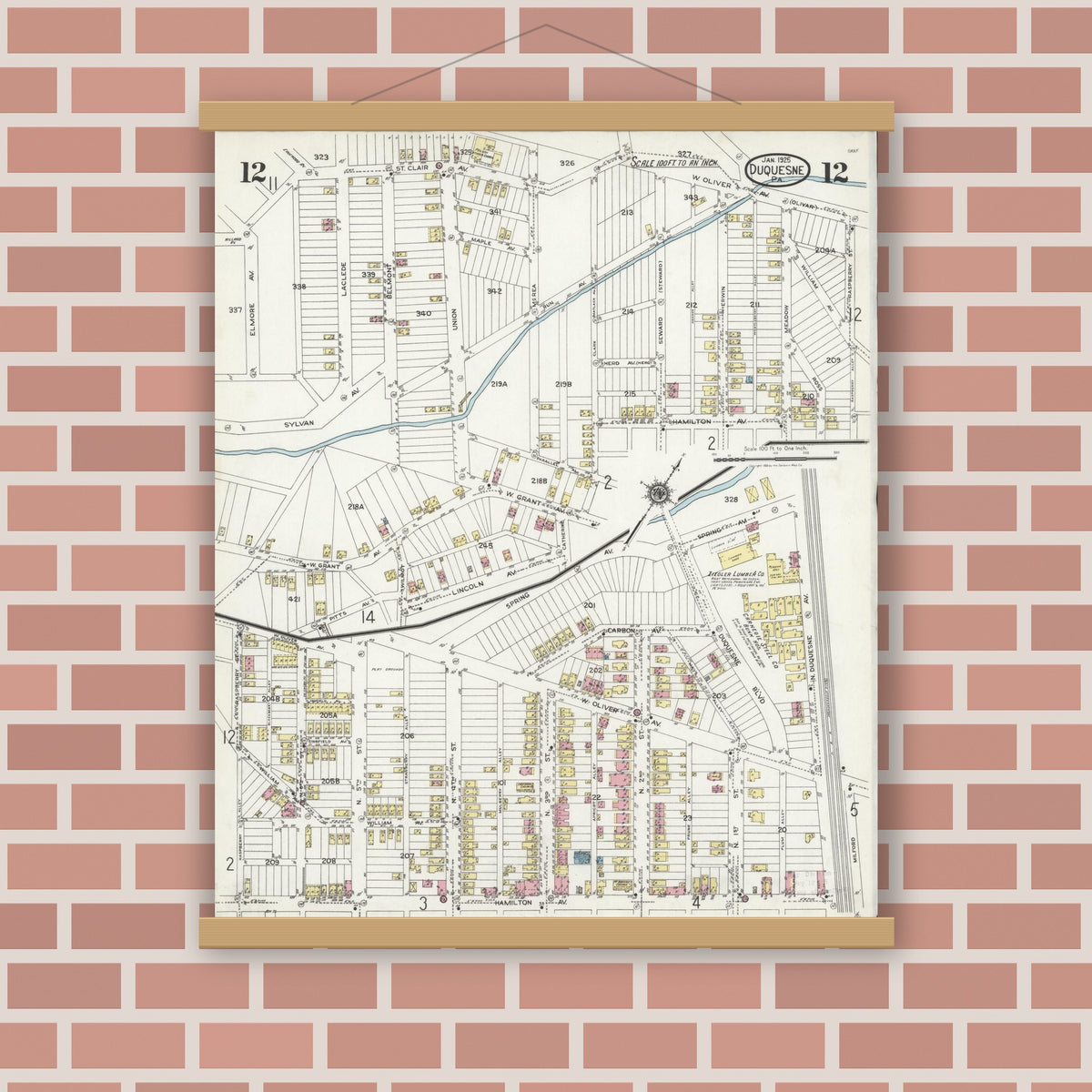 Old map wall art mockup — magnetic wood frame on brick wall — Sanborn Fire Insurance Map from Duquesne, Allegheny County, Pennsylvania (1925), Sheet #0012