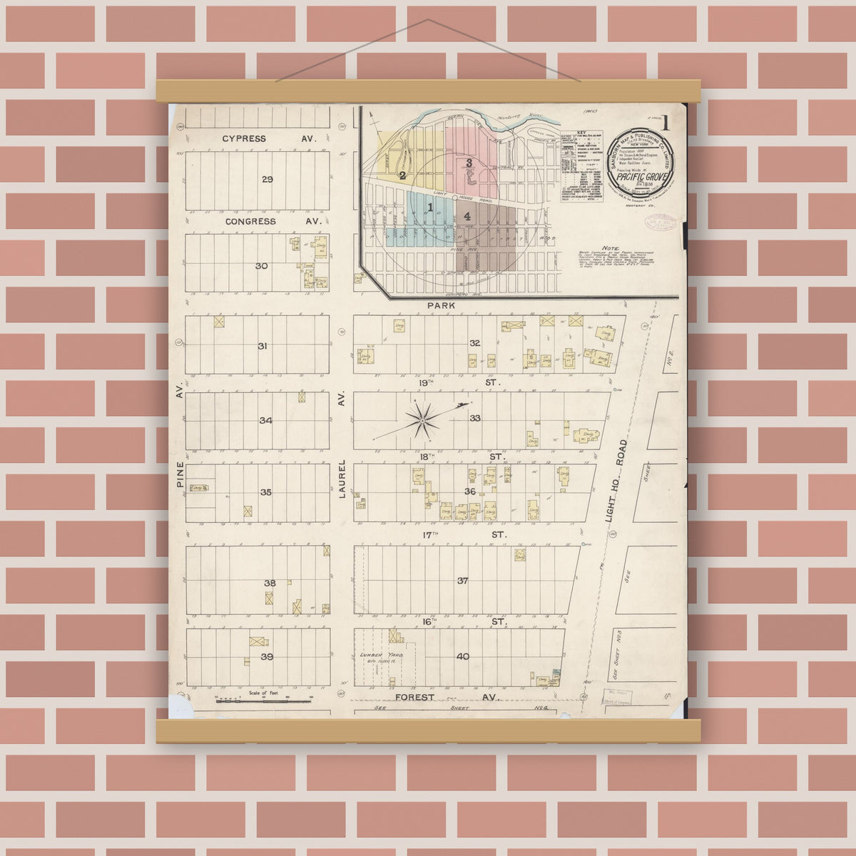 Old map wall art mockup — magnetic wood frame on brick wall — Sanborn Fire Insurance Map from Pacific Grove, Monterey County, California (1888) - Complete Map Set