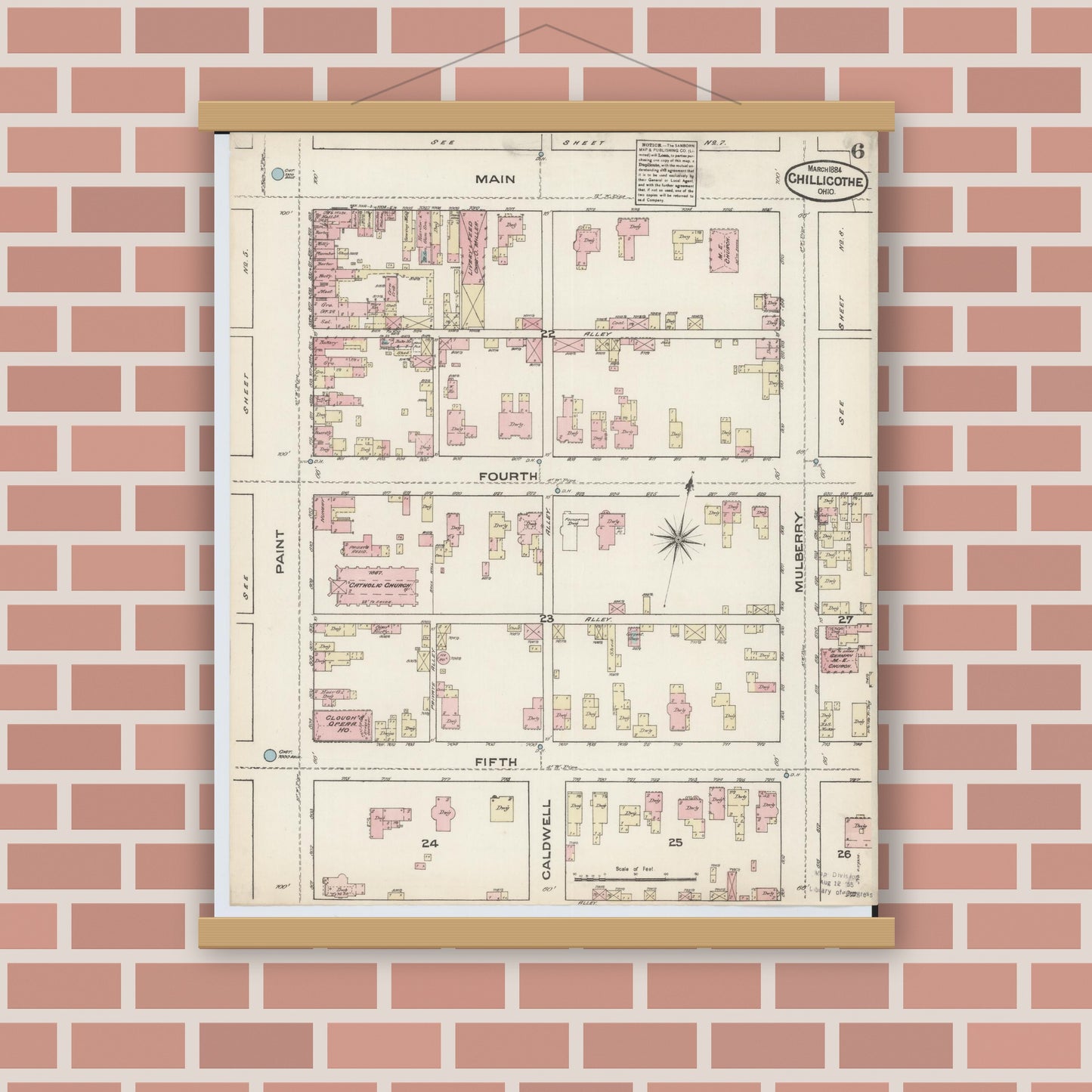 Old map wall art mockup — magnetic wood frame on brick wall — Sanborn Fire Insurance Map from Chillicothe, Ross County, Ohio (1884), Sheet #0006