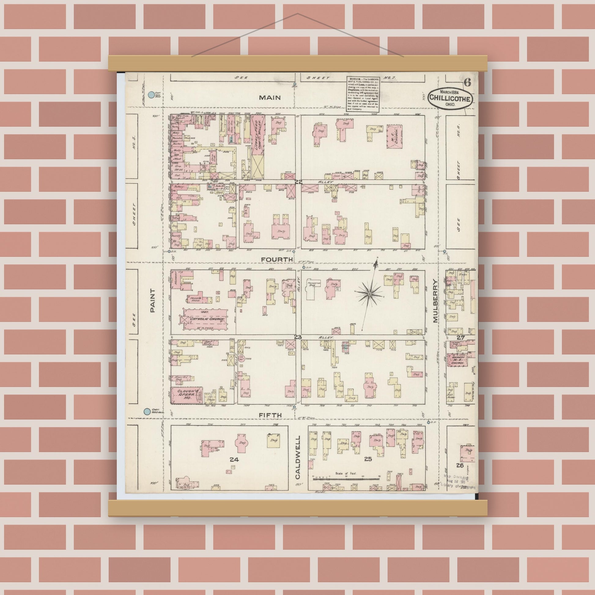 Old map wall art mockup — magnetic wood frame on brick wall — Sanborn Fire Insurance Map from Chillicothe, Ross County, Ohio (1884), Sheet #0006