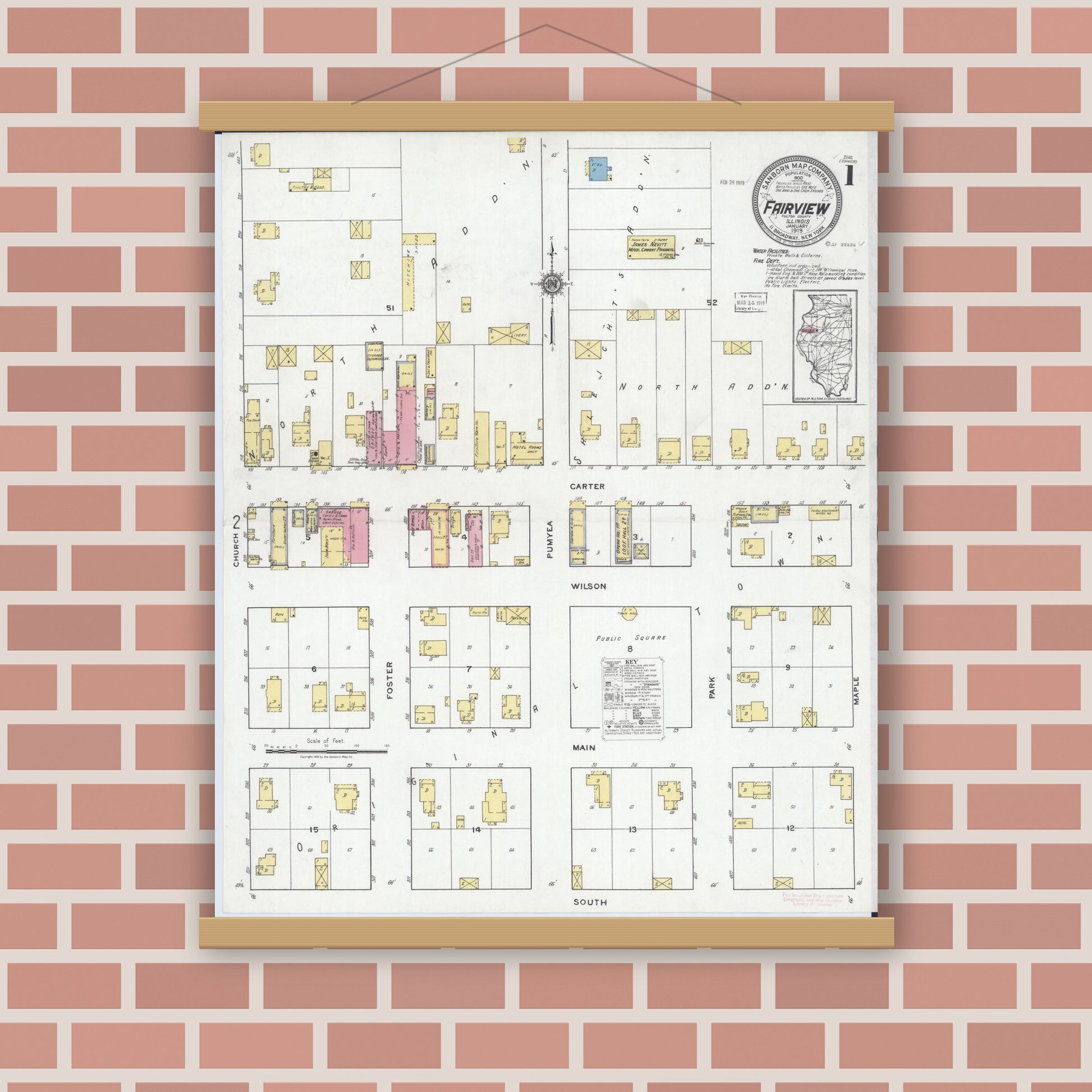 Old map wall art mockup — magnetic wood frame on brick wall — Sanborn Fire Insurance Map from Fairview, Fulton County, Illinois (1919), Sheet #0001