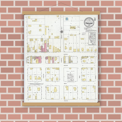 Old map wall art mockup — magnetic wood frame on brick wall — Sanborn Fire Insurance Map from Fairview, Fulton County, Illinois (1919), Sheet #0001