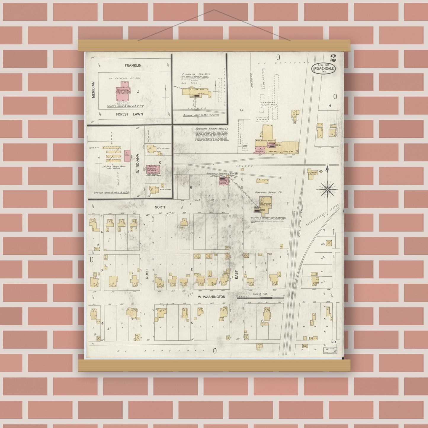 Old map wall art mockup — magnetic wood frame on brick wall — Sanborn Fire Insurance Map from Roachdale, Putnam County, Indiana (1902), Sheet #0002