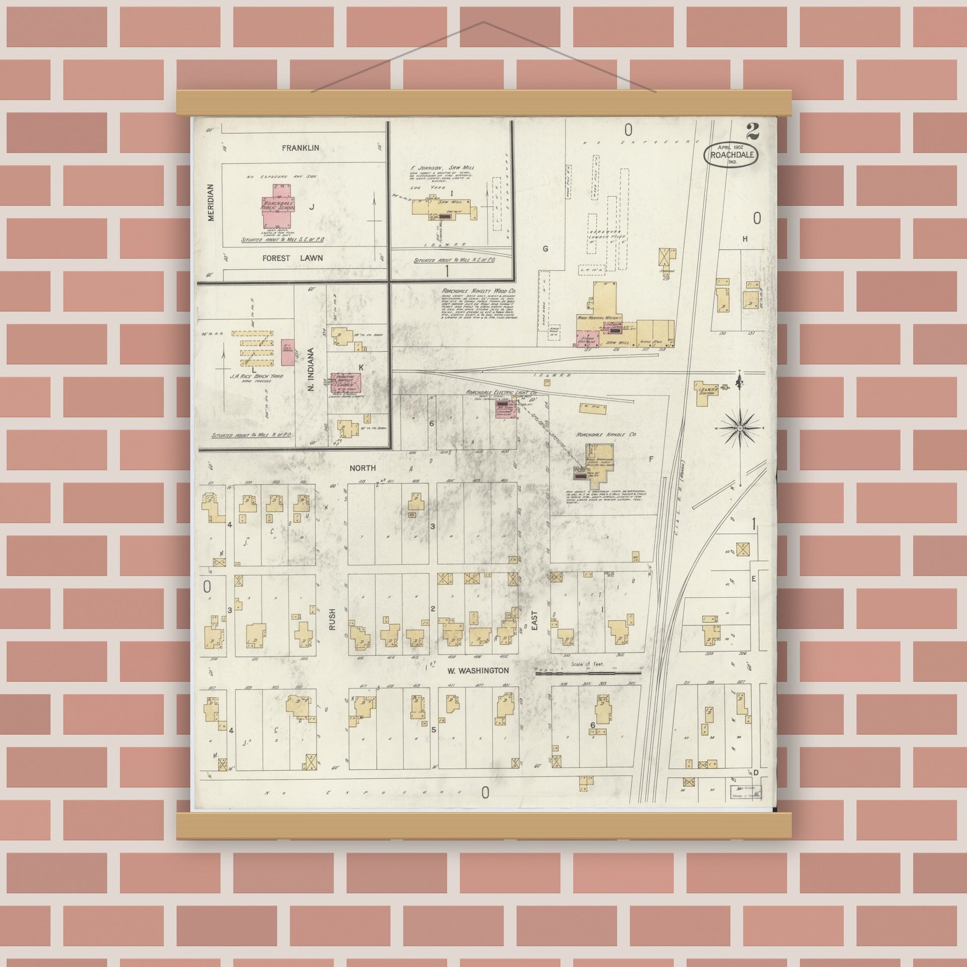 Old map wall art mockup — magnetic wood frame on brick wall — Sanborn Fire Insurance Map from Roachdale, Putnam County, Indiana (1902), Sheet #0002
