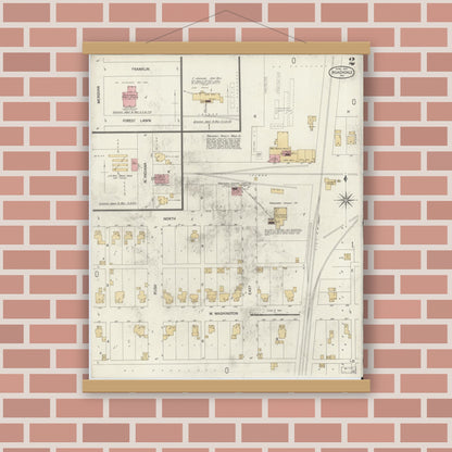 Old map wall art mockup — magnetic wood frame on brick wall — Sanborn Fire Insurance Map from Roachdale, Putnam County, Indiana (1902), Sheet #0002