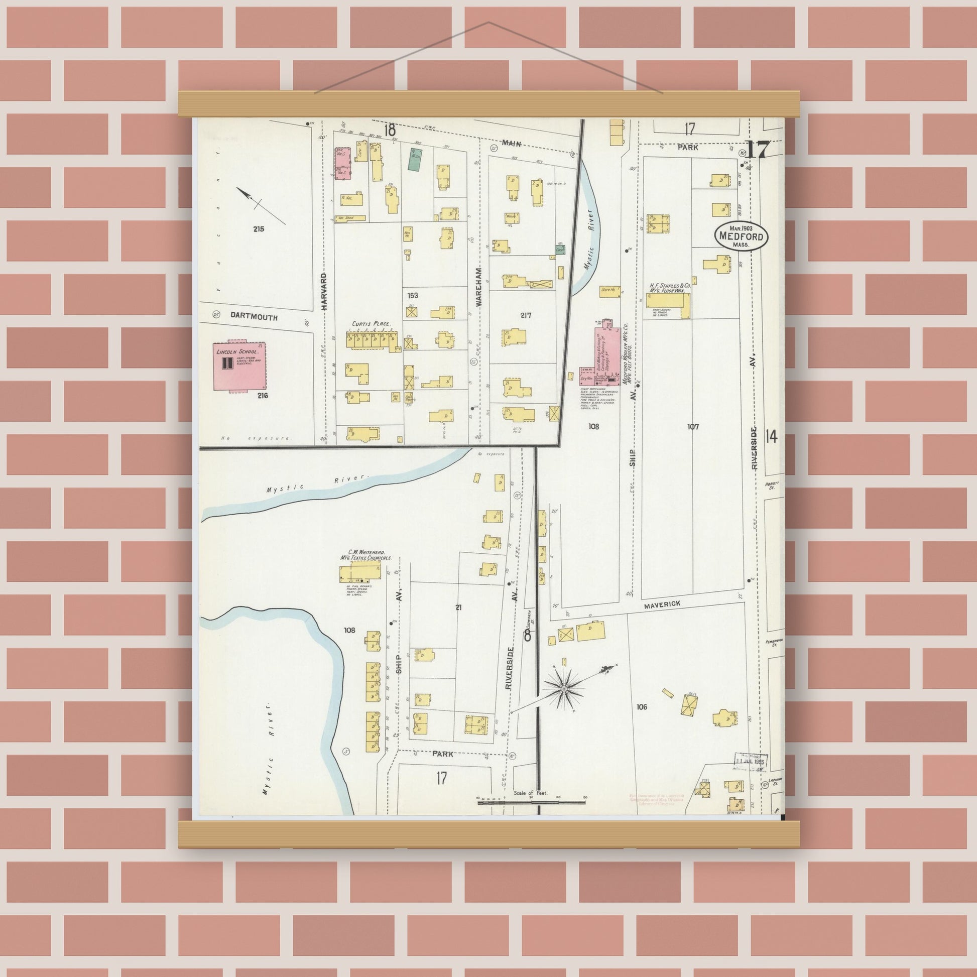 Old map wall art mockup — magnetic wood frame on brick wall — Sanborn Fire Insurance Map from Medford, Middlesex County, Massachusetts (1903), Sheet #0017