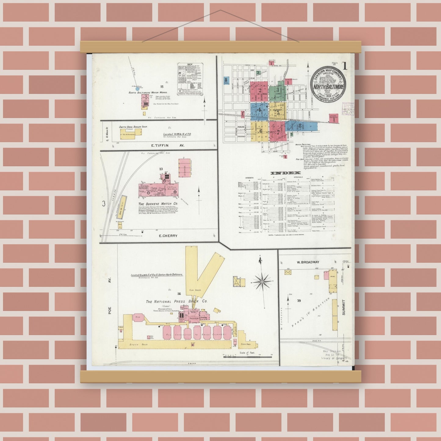 Old map wall art mockup — magnetic wood frame on brick wall — Sanborn Fire Insurance Map from North Baltimore, Wood County, Ohio (1908) - Complete Map Set