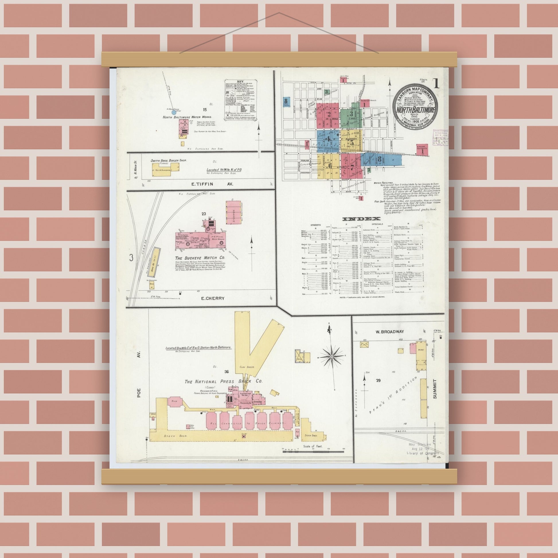 Old map wall art mockup — magnetic wood frame on brick wall — Sanborn Fire Insurance Map from North Baltimore, Wood County, Ohio (1908) - Complete Map Set