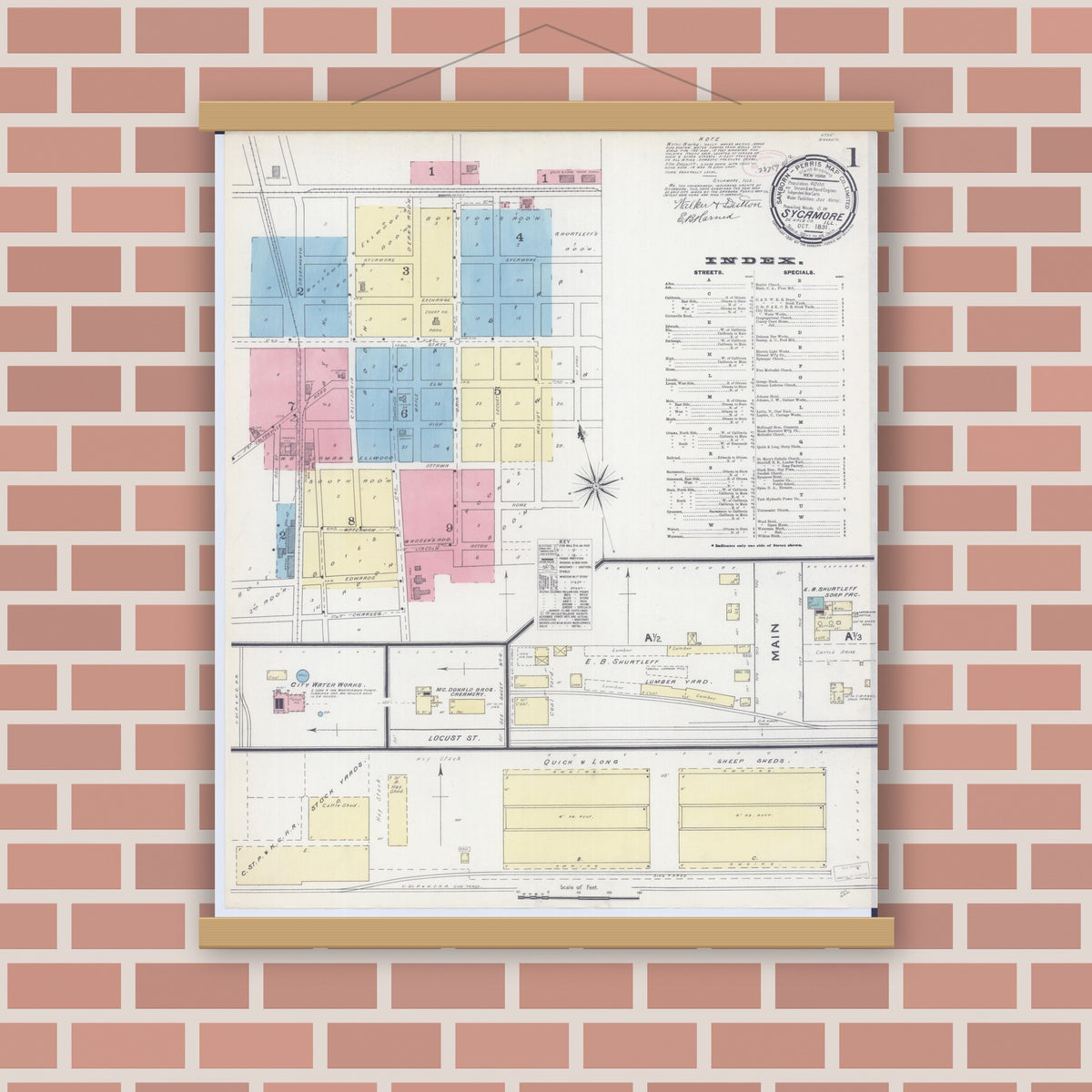 Old map wall art mockup — magnetic wood frame on brick wall — Sanborn Fire Insurance Map from Sycamore, De Kalb County, Illinois (1891) - Complete Map Set