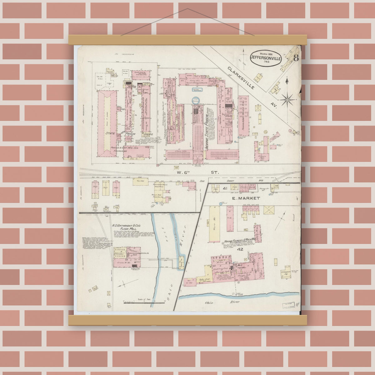 Old map wall art mockup — magnetic wood frame on brick wall — Sanborn Fire Insurance Map from Jeffersonville, Clark County, Indiana (1886), Sheet #0008