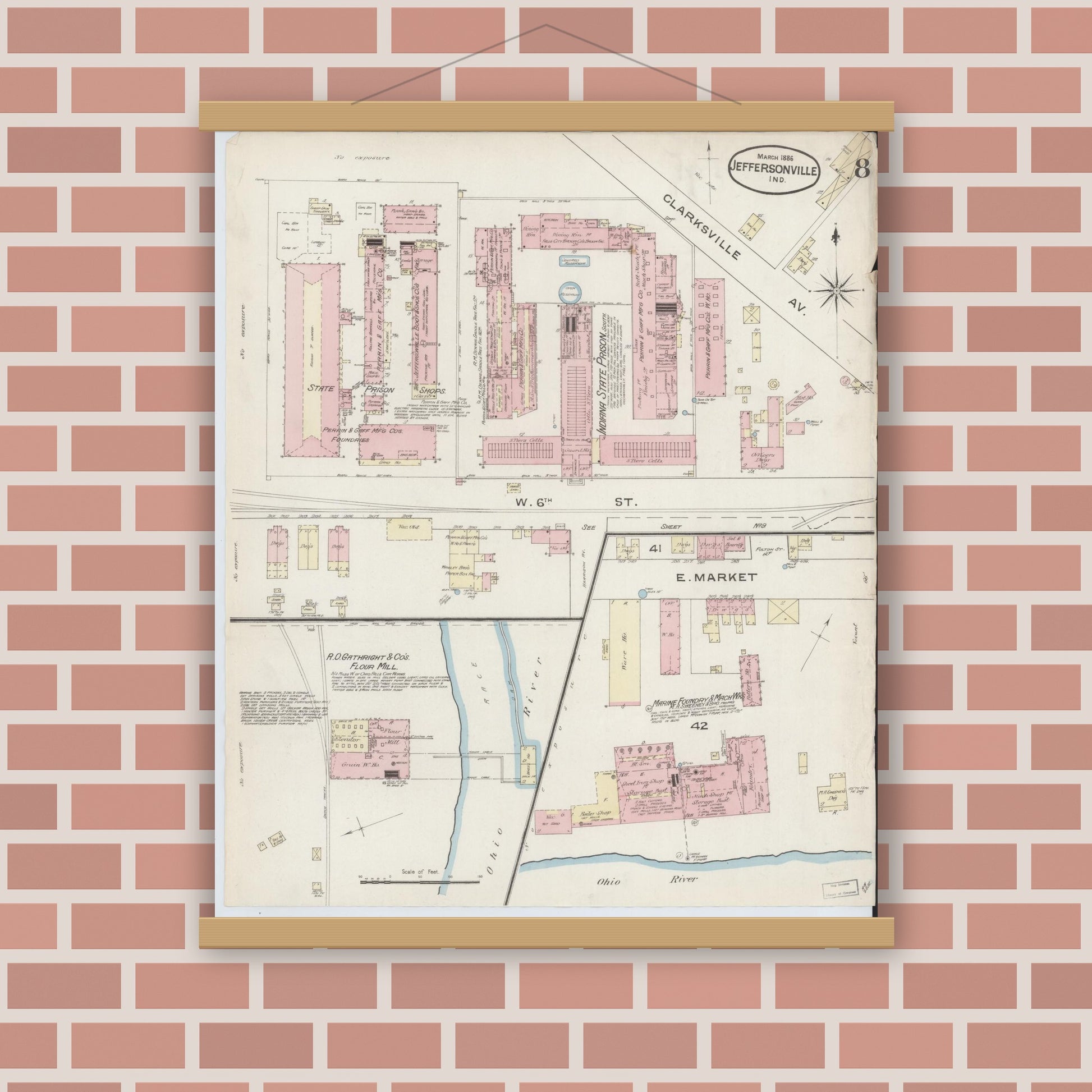 Old map wall art mockup — magnetic wood frame on brick wall — Sanborn Fire Insurance Map from Jeffersonville, Clark County, Indiana (1886), Sheet #0008