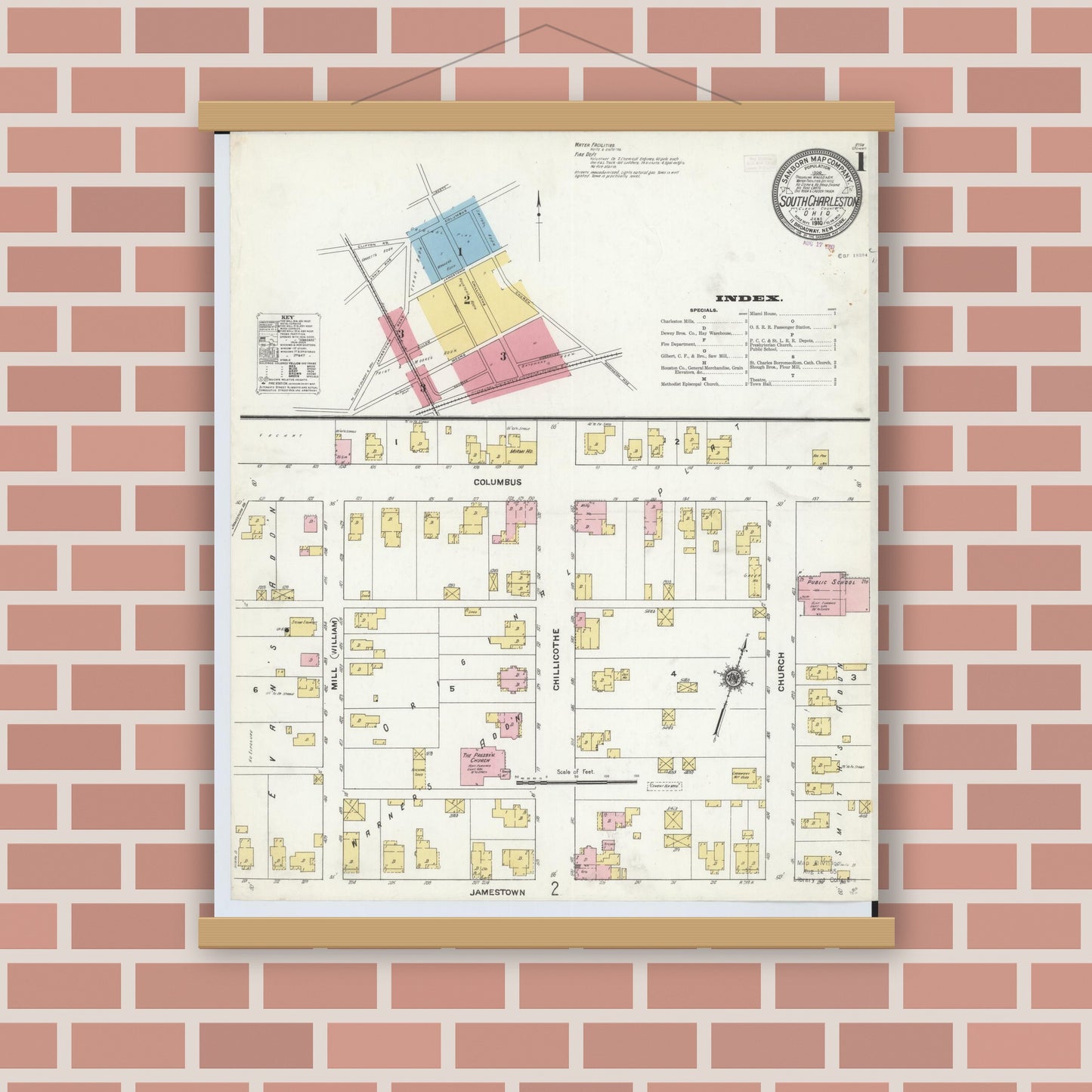 Old map wall art mockup — magnetic wood frame on brick wall — Sanborn Fire Insurance Map from South Charleston, Clark County, Ohio (1910) - Complete Map Set