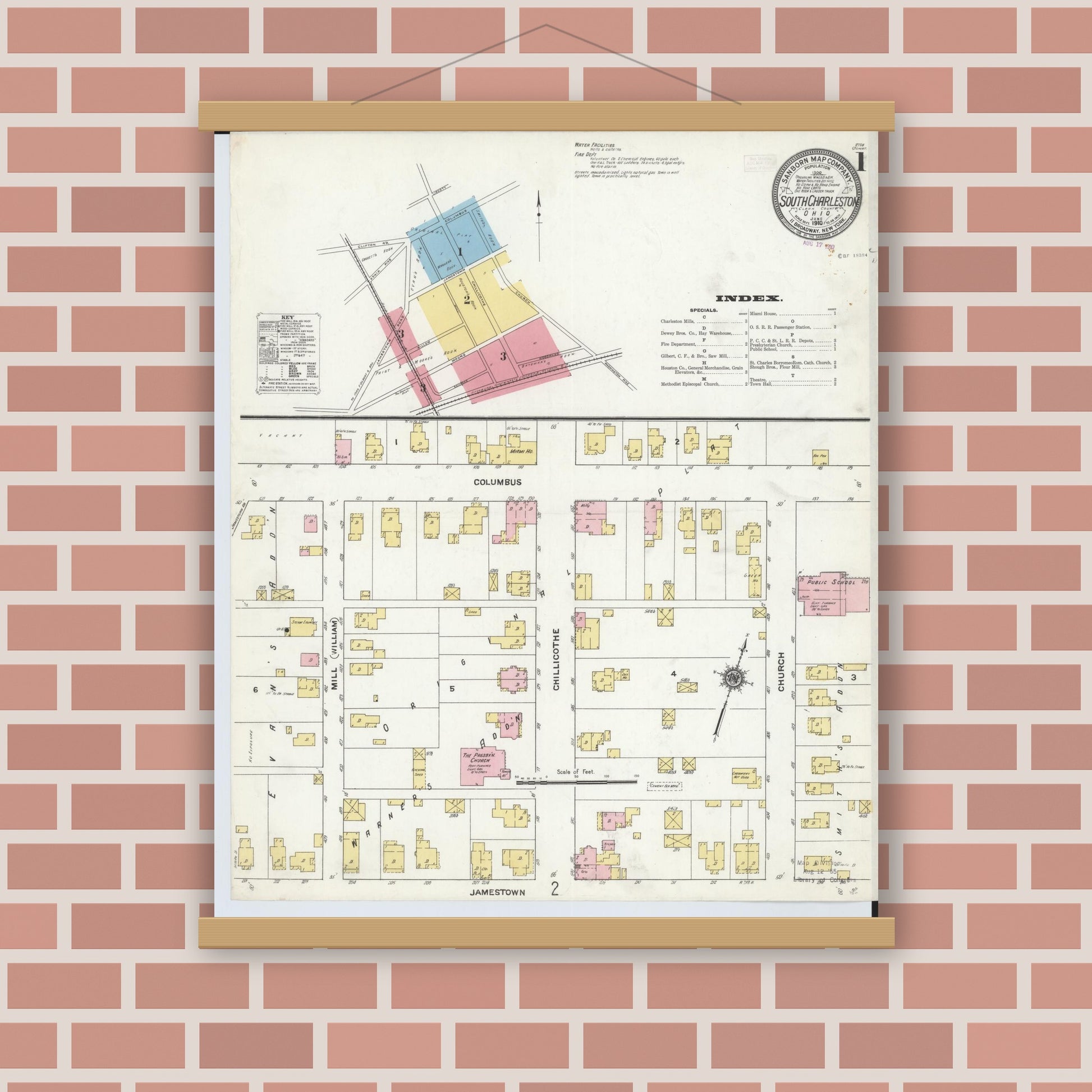 Old map wall art mockup — magnetic wood frame on brick wall — Sanborn Fire Insurance Map from South Charleston, Clark County, Ohio (1910) - Complete Map Set