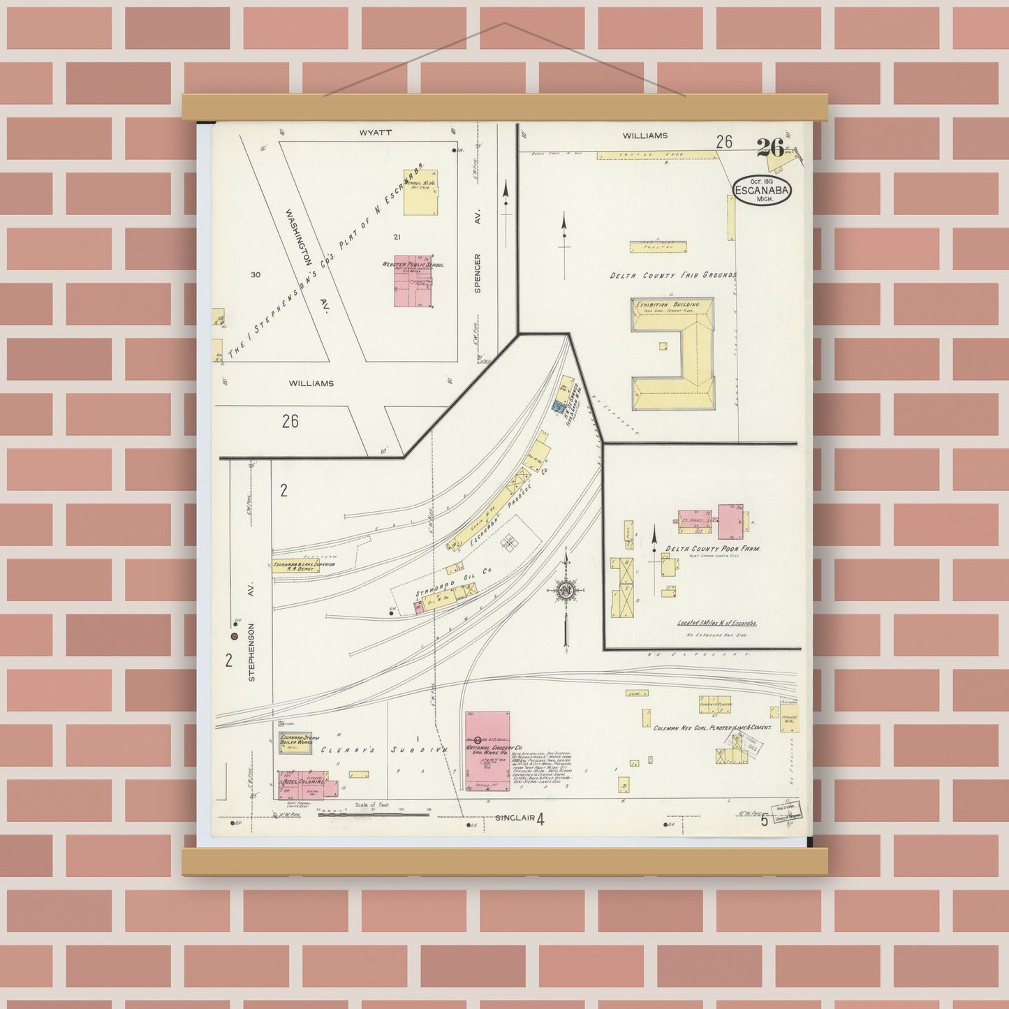 Old map wall art mockup — magnetic wood frame on brick wall — Sanborn Fire Insurance Map from Escanaba, Delta County, Michigan (1913), Sheet #0026