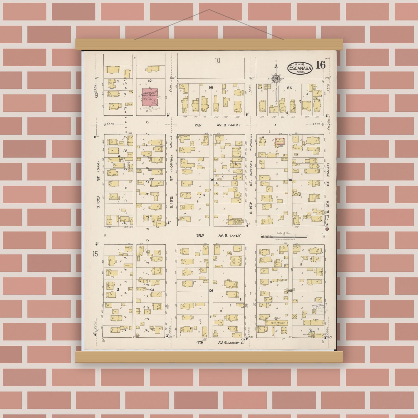 Old map wall art mockup — magnetic wood frame on brick wall — Sanborn Fire Insurance Map from Escanaba, Delta County, Michigan (1921), Sheet #0016