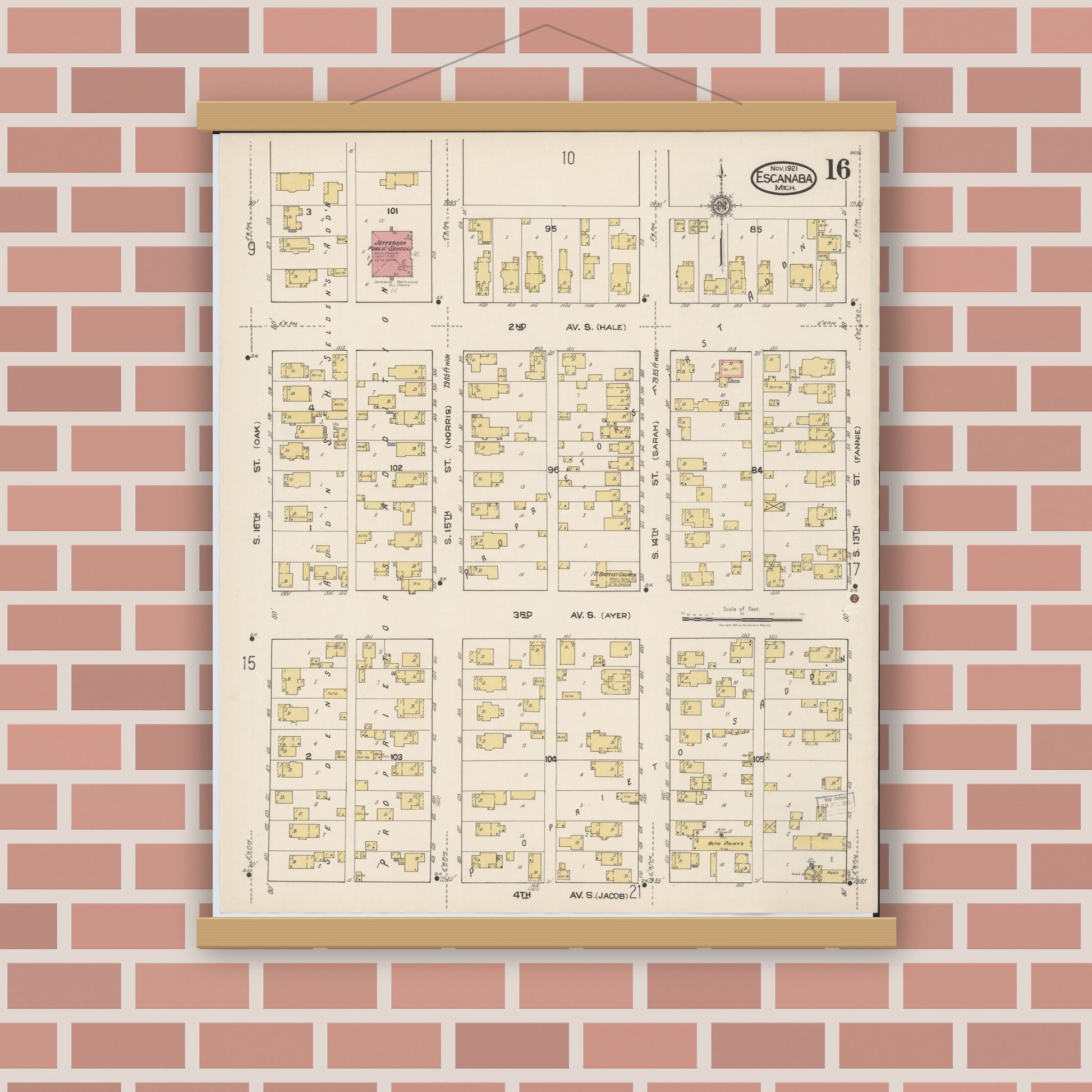 Old map wall art mockup — magnetic wood frame on brick wall — Sanborn Fire Insurance Map from Escanaba, Delta County, Michigan (1921), Sheet #0016