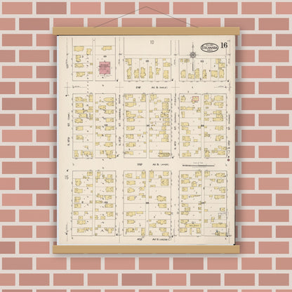 Old map wall art mockup — magnetic wood frame on brick wall — Sanborn Fire Insurance Map from Escanaba, Delta County, Michigan (1921), Sheet #0016