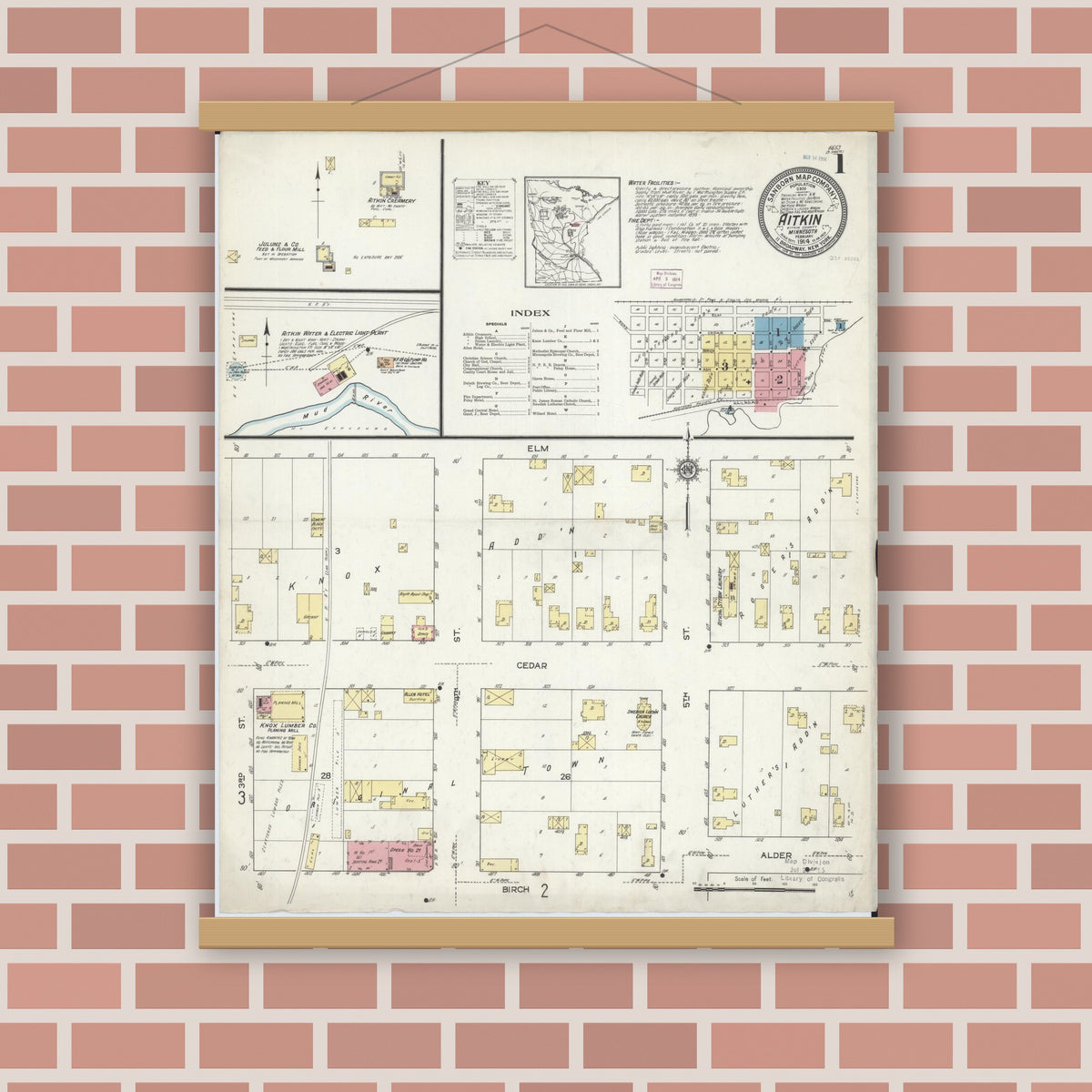 Old map wall art mockup — magnetic wood frame on brick wall — Sanborn Fire Insurance Map from Aitkin, Aitkin County, Minnesota (1914) - Complete Map Set