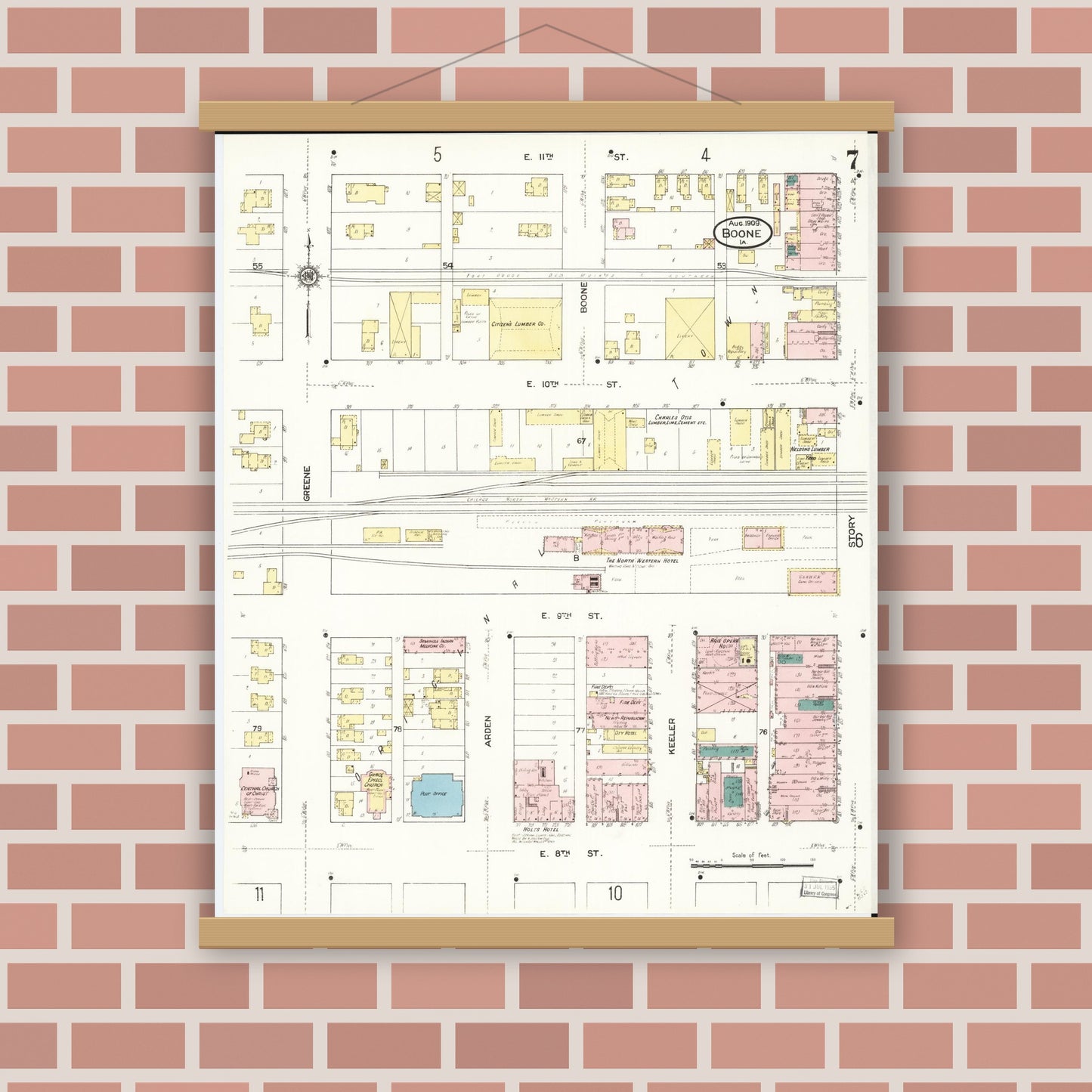 Old map wall art mockup — magnetic wood frame on brick wall — Sanborn Fire Insurance Map from Boone, Boone County, Iowa (1909), Sheet #0007