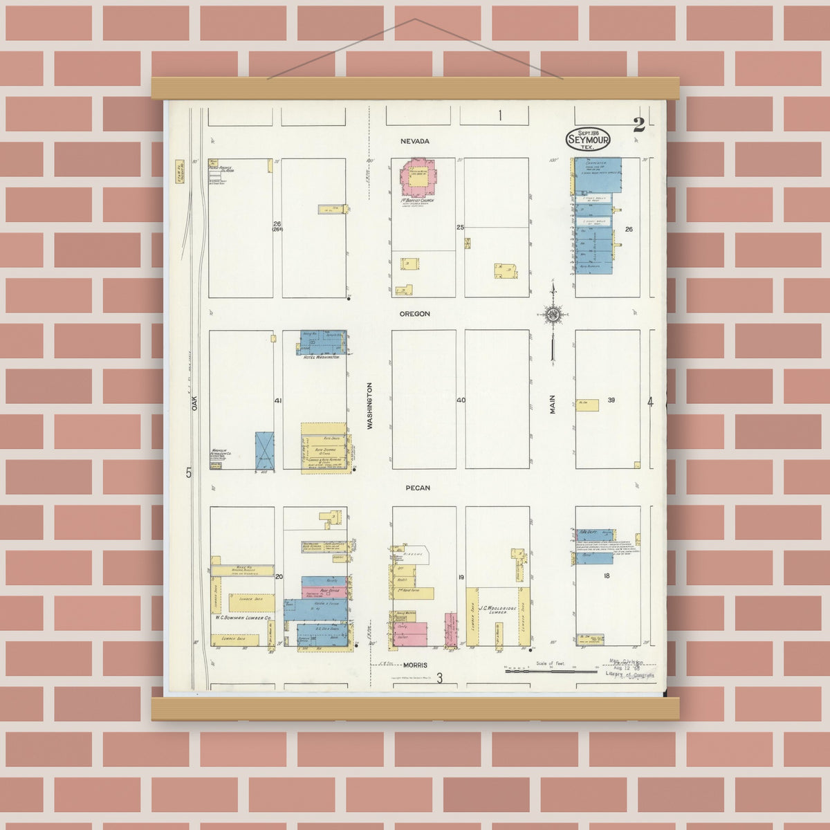 Old map wall art mockup — magnetic wood frame on brick wall — Sanborn Fire Insurance Map from Seymour, Baylor County, Texas (1916), Sheet #0002