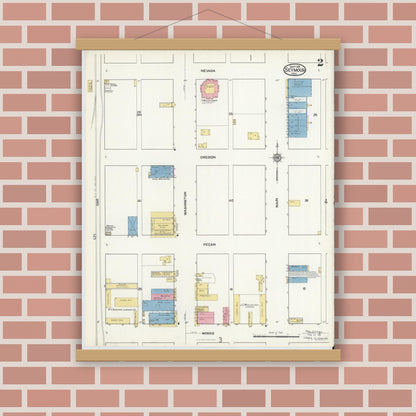 Old map wall art mockup — magnetic wood frame on brick wall — Sanborn Fire Insurance Map from Seymour, Baylor County, Texas (1916), Sheet #0002