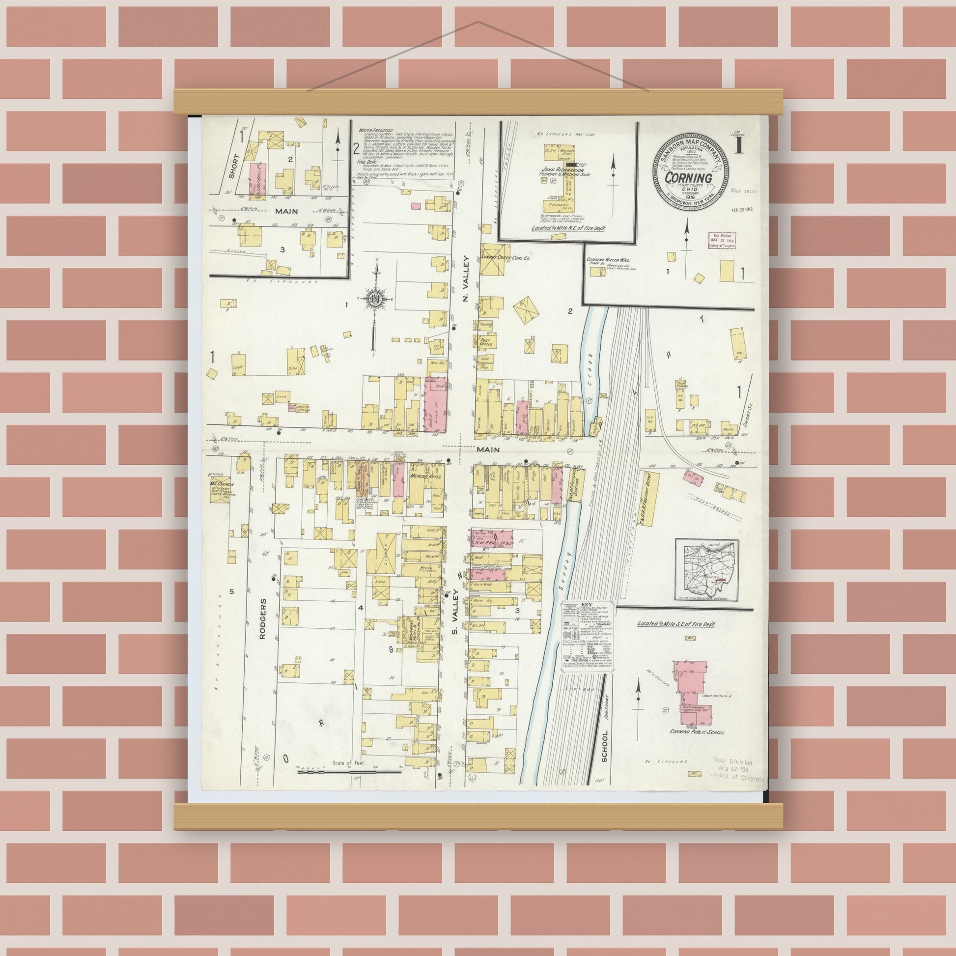 Old map wall art mockup — magnetic wood frame on brick wall — Sanborn Fire Insurance Map from Corning, Perry County, Ohio (1916) - Complete Map Set