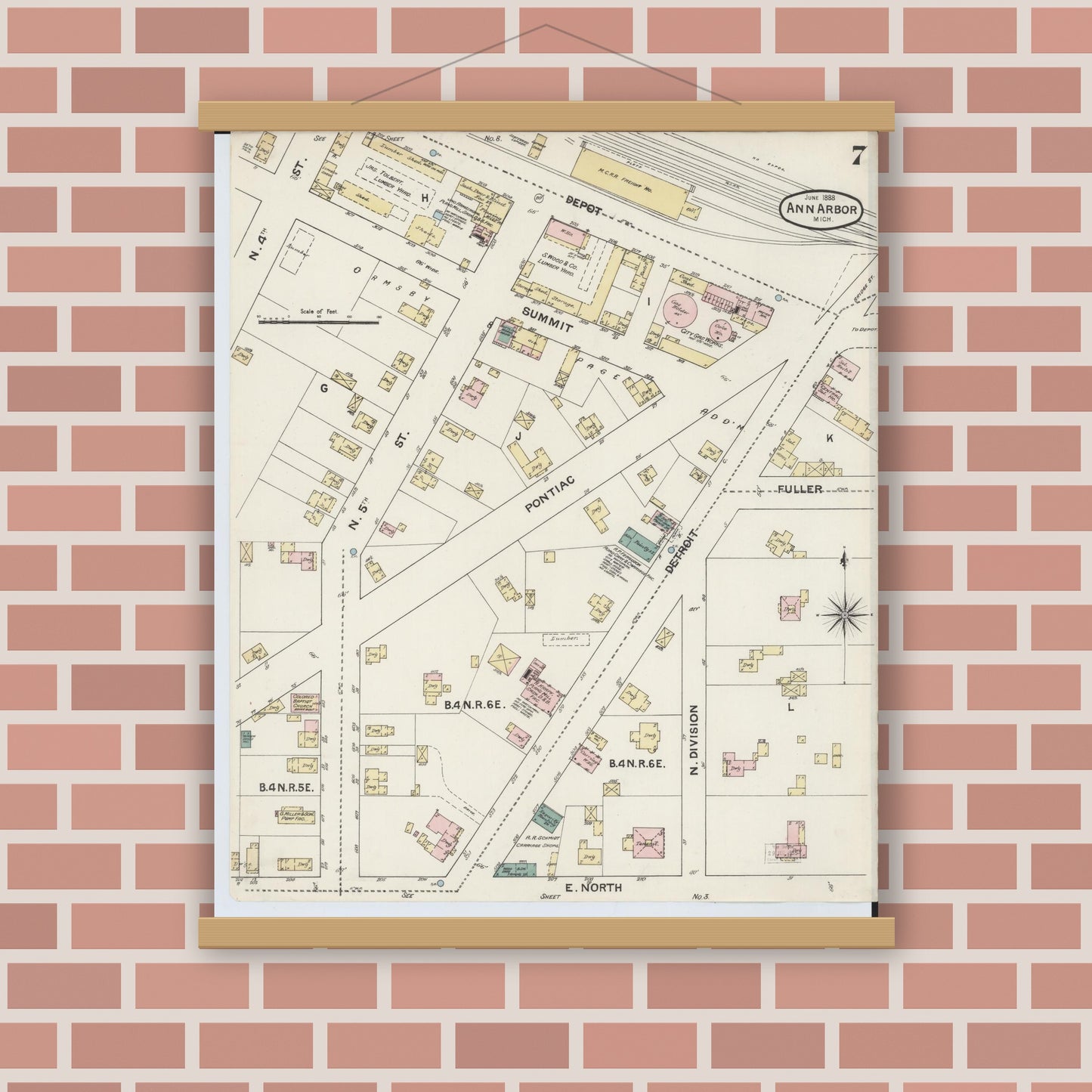 Old map wall art mockup — magnetic wood frame on brick wall — Sanborn Fire Insurance Map from Ann Arbor, Washtenaw County, Michigan (1888), Sheet #0007