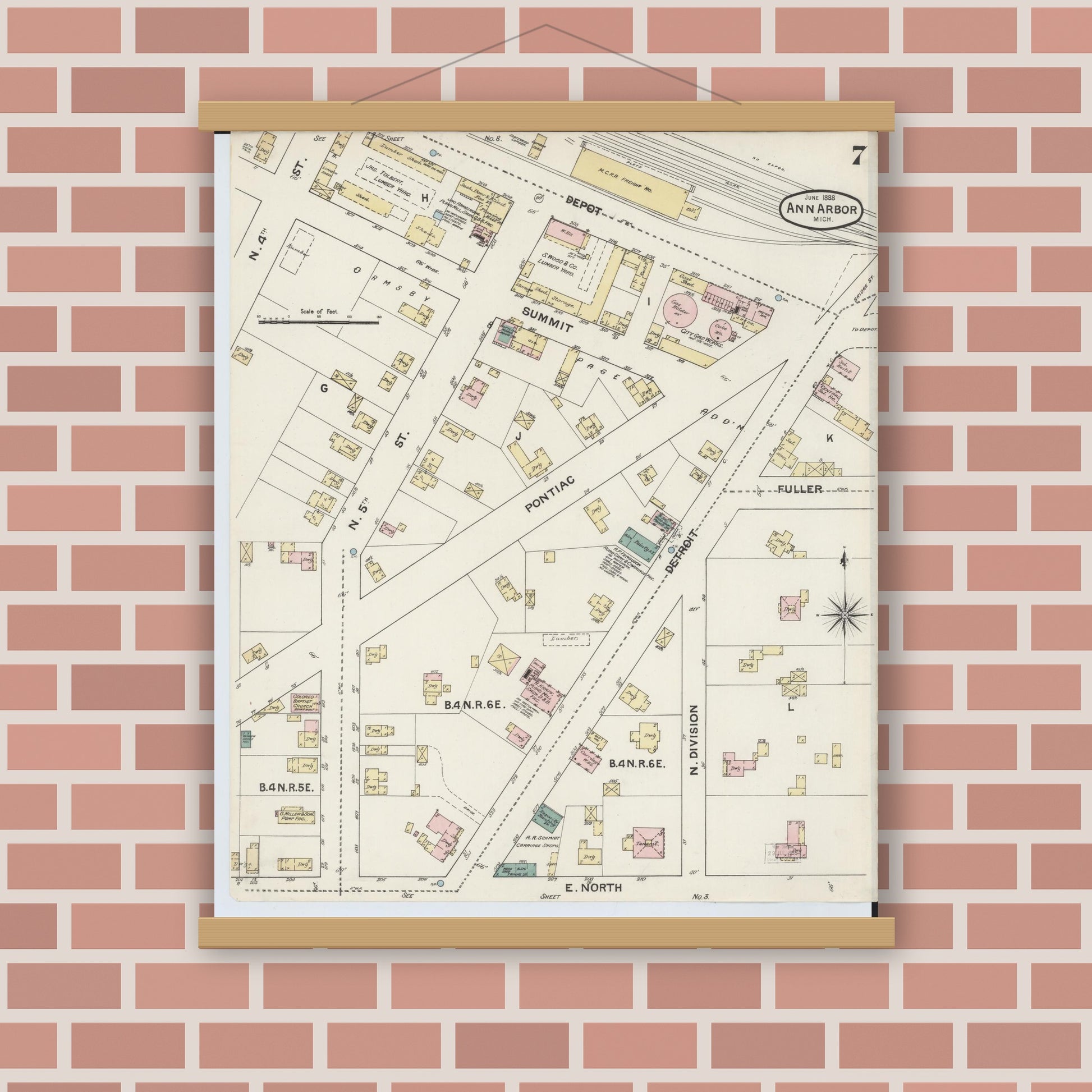 Old map wall art mockup — magnetic wood frame on brick wall — Sanborn Fire Insurance Map from Ann Arbor, Washtenaw County, Michigan (1888), Sheet #0007