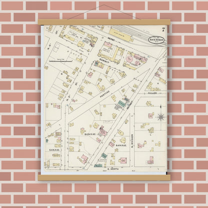 Old map wall art mockup — magnetic wood frame on brick wall — Sanborn Fire Insurance Map from Ann Arbor, Washtenaw County, Michigan (1888), Sheet #0007