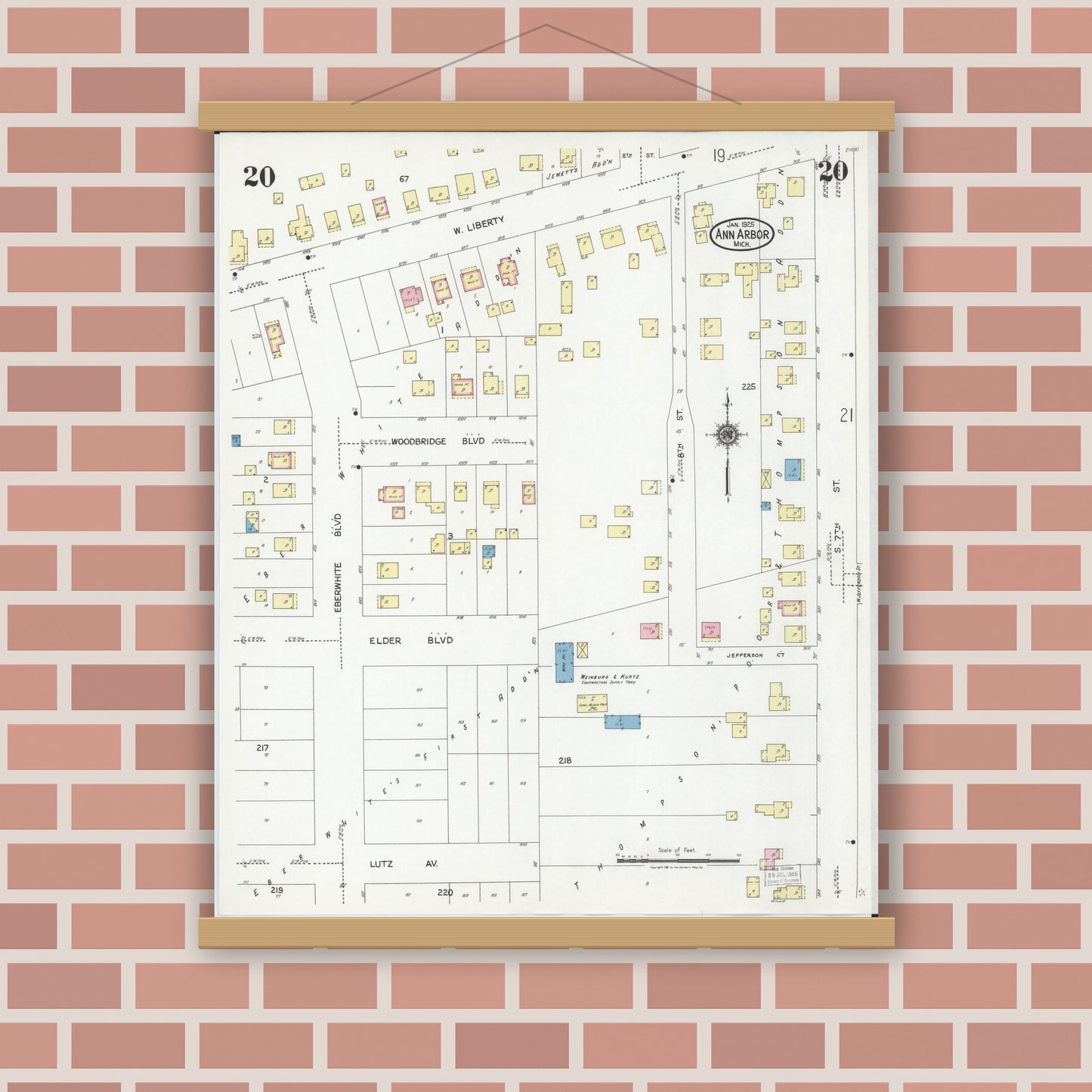 Old map wall art mockup — magnetic wood frame on brick wall — Sanborn Fire Insurance Map from Ann Arbor, Washtenaw County, Michigan (1925), Sheet #0020