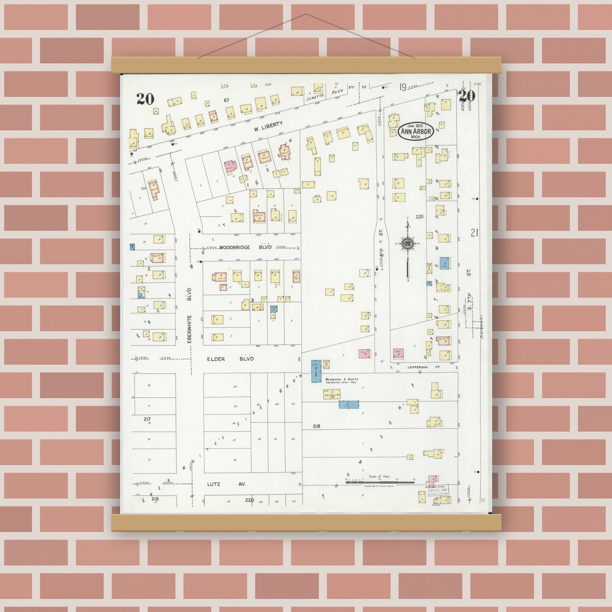 Old map wall art mockup — magnetic wood frame on brick wall — Sanborn Fire Insurance Map from Ann Arbor, Washtenaw County, Michigan (1925), Sheet #0020