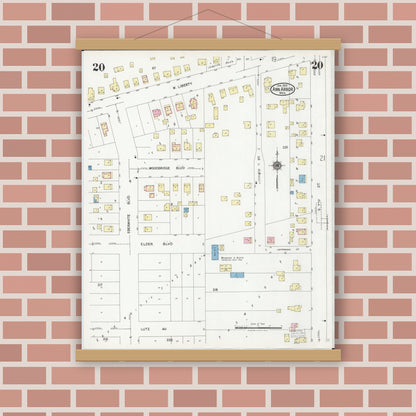 Old map wall art mockup — magnetic wood frame on brick wall — Sanborn Fire Insurance Map from Ann Arbor, Washtenaw County, Michigan (1925), Sheet #0020