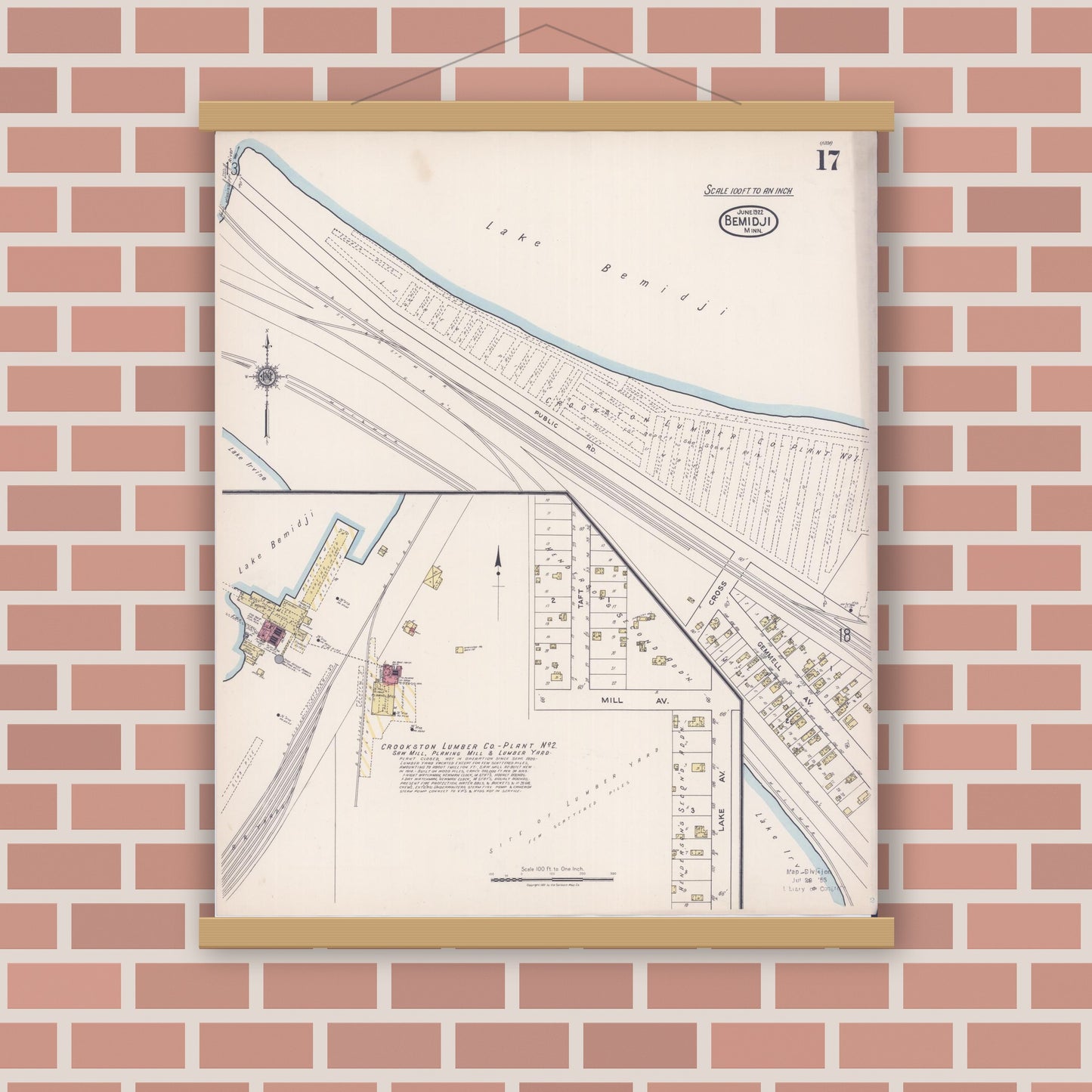 Old map wall art mockup — magnetic wood frame on brick wall — Sanborn Fire Insurance Map from Bemidji, Beltrami County, Minnesota (1922), Sheet #0017