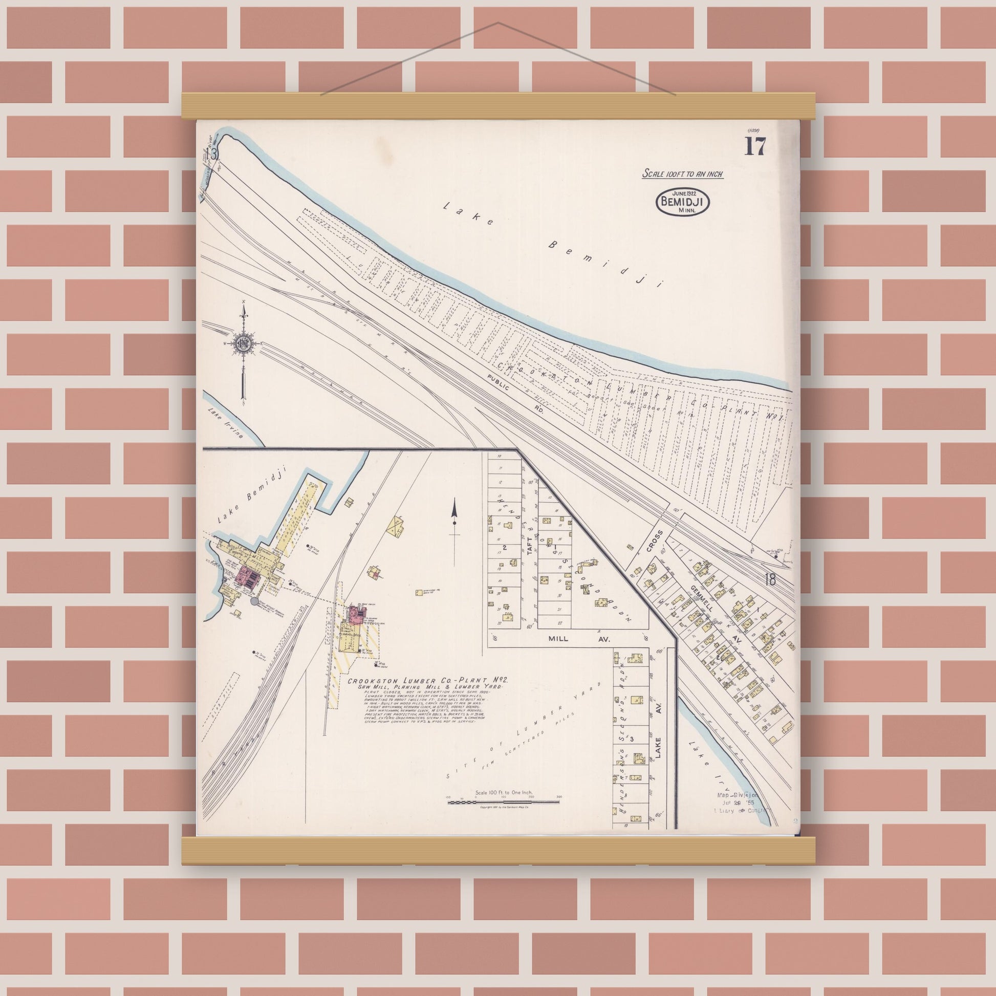 Old map wall art mockup — magnetic wood frame on brick wall — Sanborn Fire Insurance Map from Bemidji, Beltrami County, Minnesota (1922), Sheet #0017