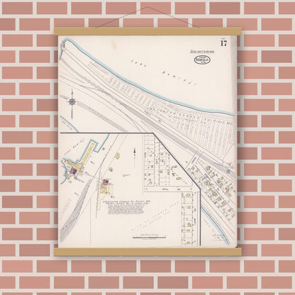 Old map wall art mockup — magnetic wood frame on brick wall — Sanborn Fire Insurance Map from Bemidji, Beltrami County, Minnesota (1922), Sheet #0017