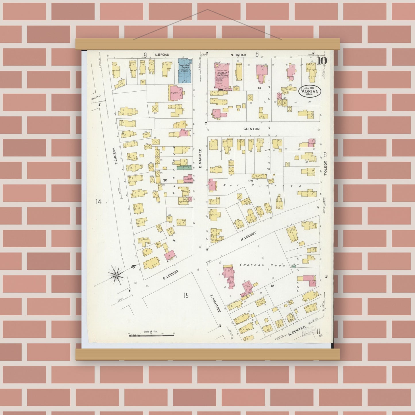 Old map wall art mockup — magnetic wood frame on brick wall — Sanborn Fire Insurance Map from Adrian, Lenawee County, Michigan (1908), Sheet #0010